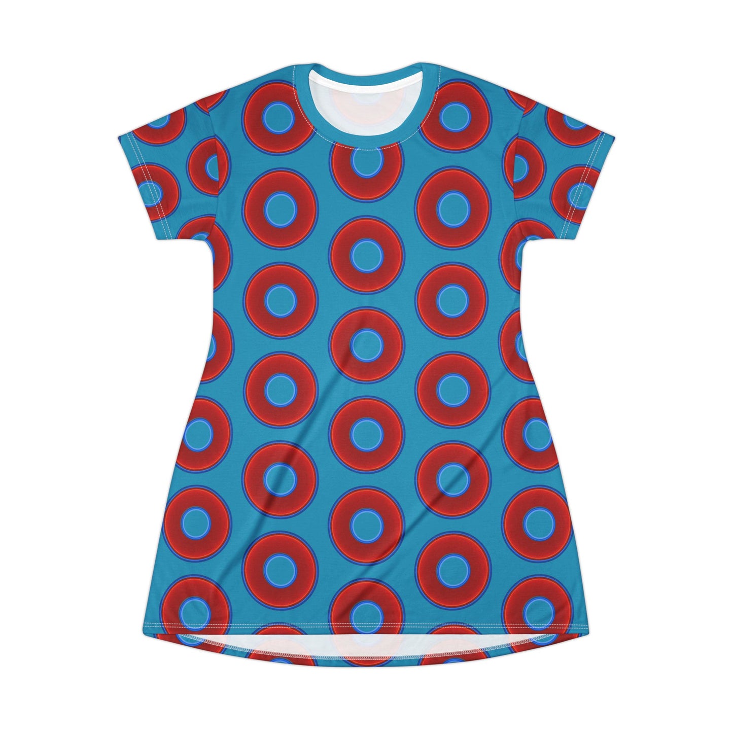 Not a Muumuu AOP Tee Shirt Dress - red vivid donuts w/aquamarine blue background
