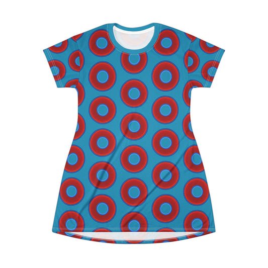 Not a Muumuu AOP Tee Shirt Dress - red vivid donuts w/aquamarine blue background