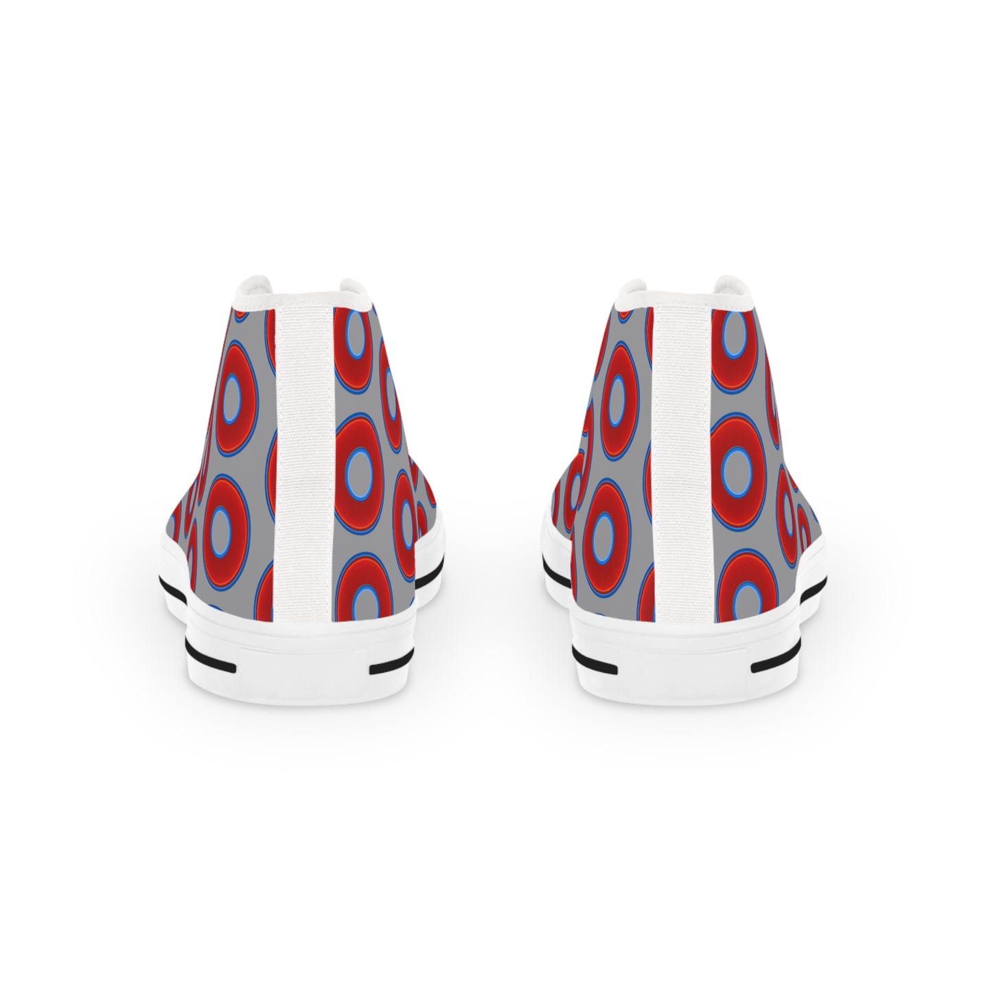 Men's High Top Chucks - large vivid red donut print w/gray background