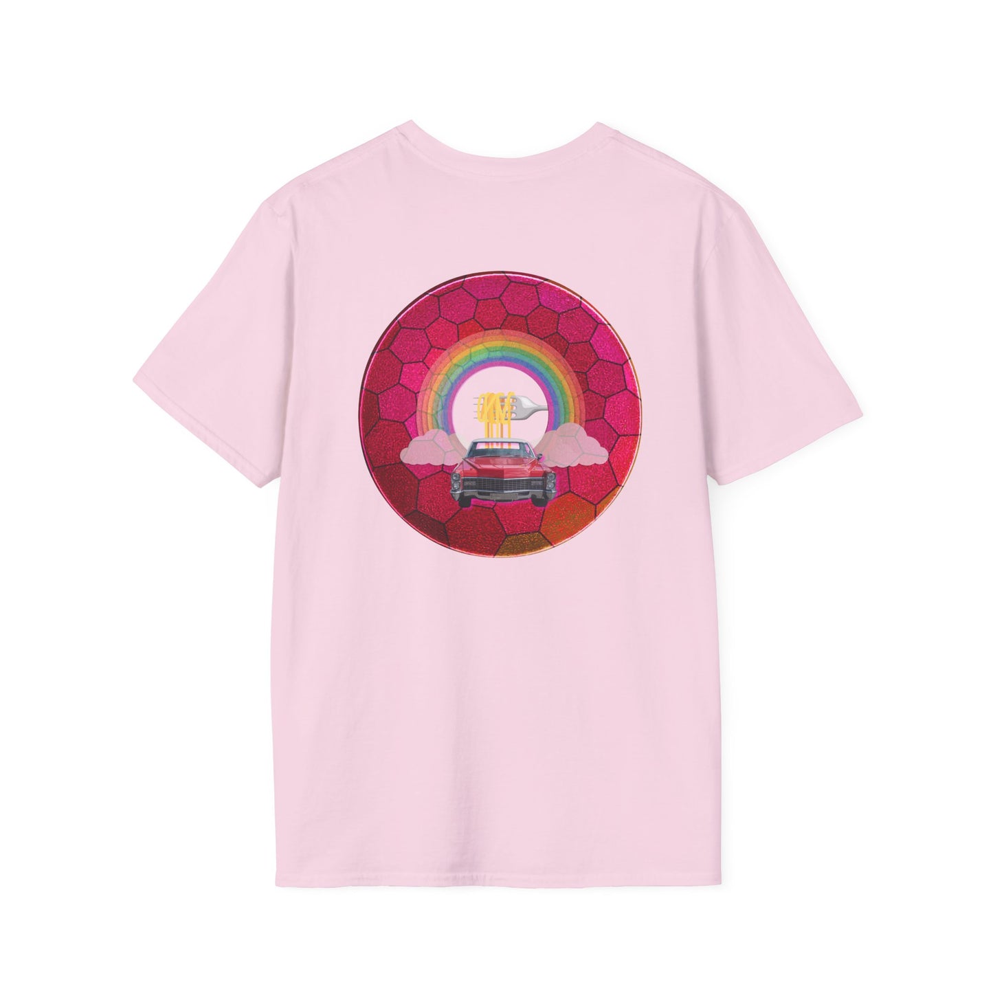 Classic Donut Tee - Unisex Soft-Style - "Cadillac Rainbows Donut Tee" - variant 1 - magenta hexadonut w/red caddy
