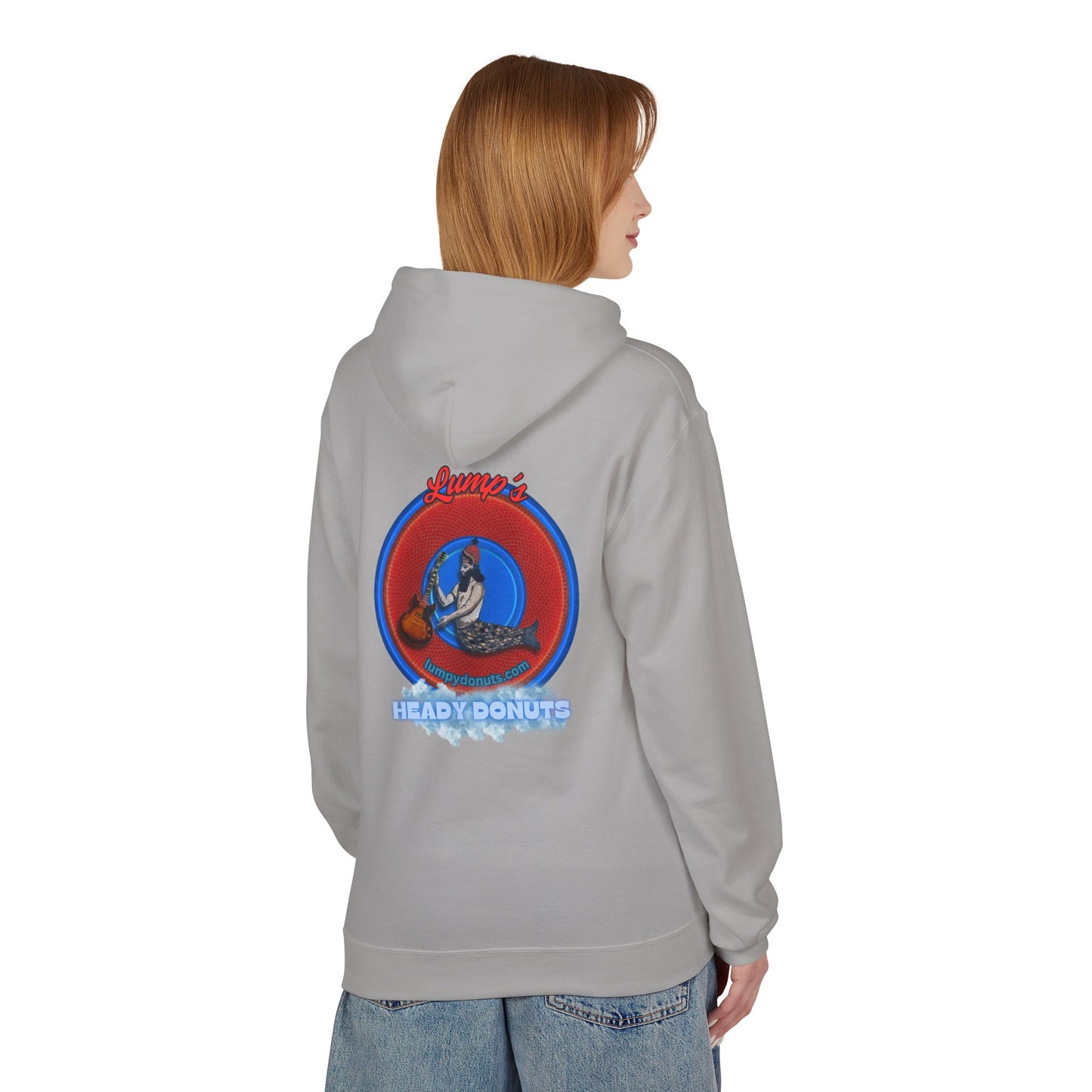 Unisex Fleece Hoodie - [Midweight Soft-style] - "Lump's Heady Logo" - w/rustic red donuts