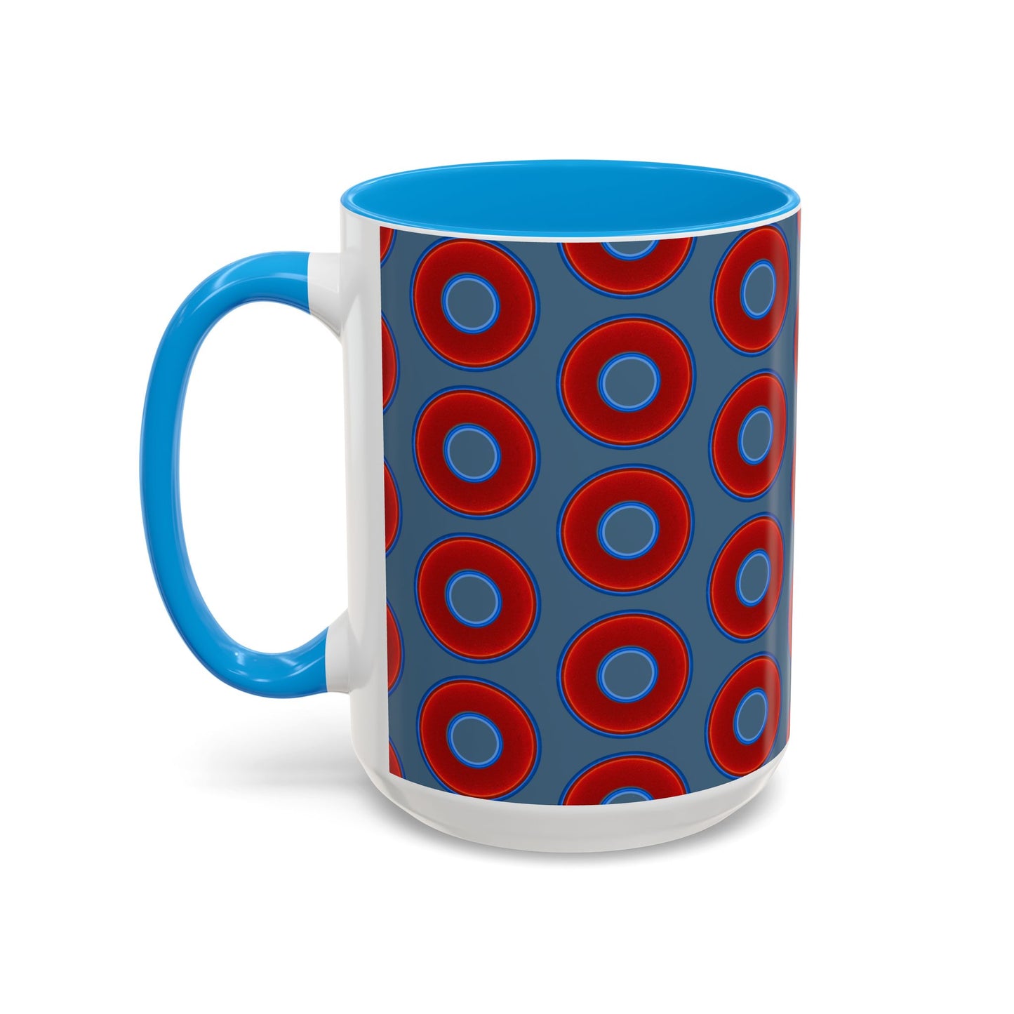 Lump's Grumpy Coffee Mug - vivid red donuts w/steel blue background
