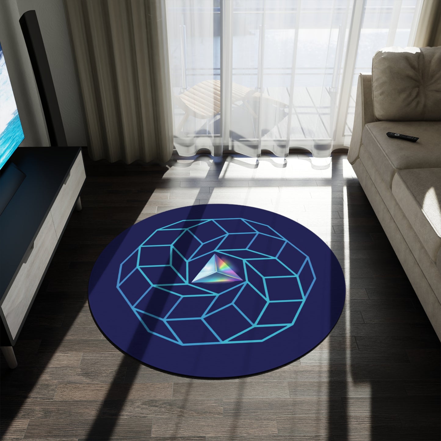 Round Room - 5 ft x 5 ft Lumpy Donut Rug - "Darkside of the Donut Rug" - light blue cubed donut w/navy background