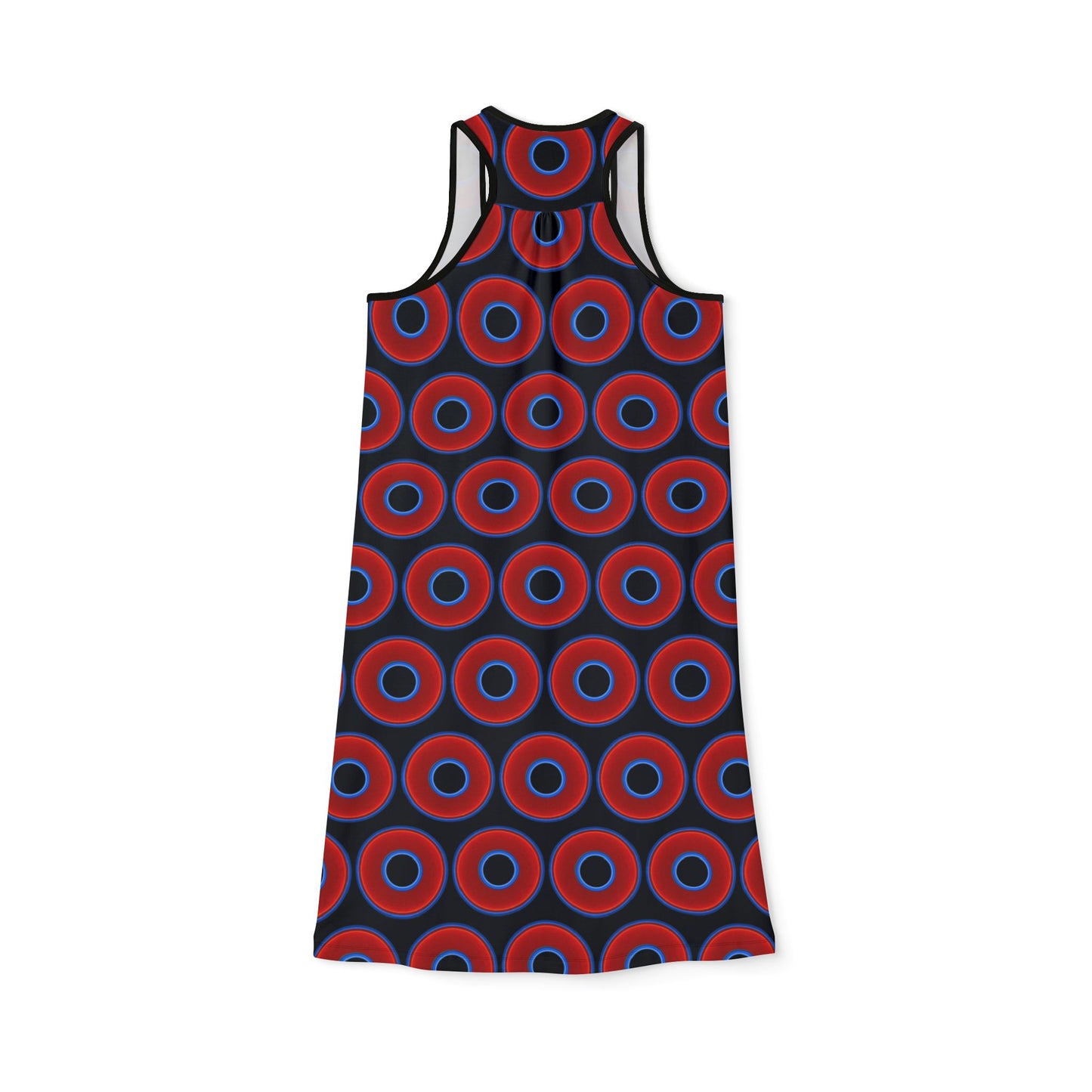 Tela's Lumpy Racerback Donut Dress - red vivid donut print w/blue charcoal background