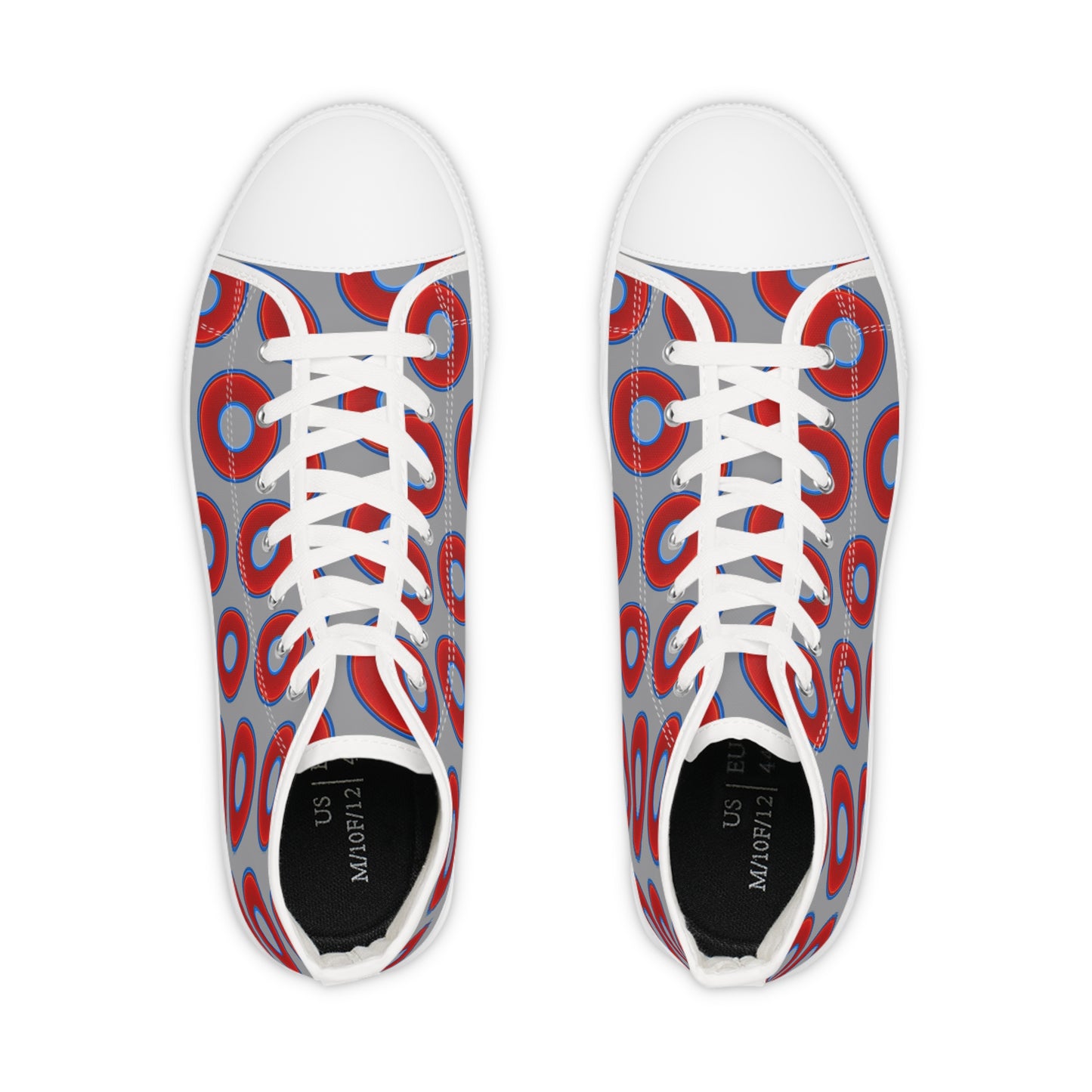 Men's High Top Chucks - large vivid red donut print w/gray background