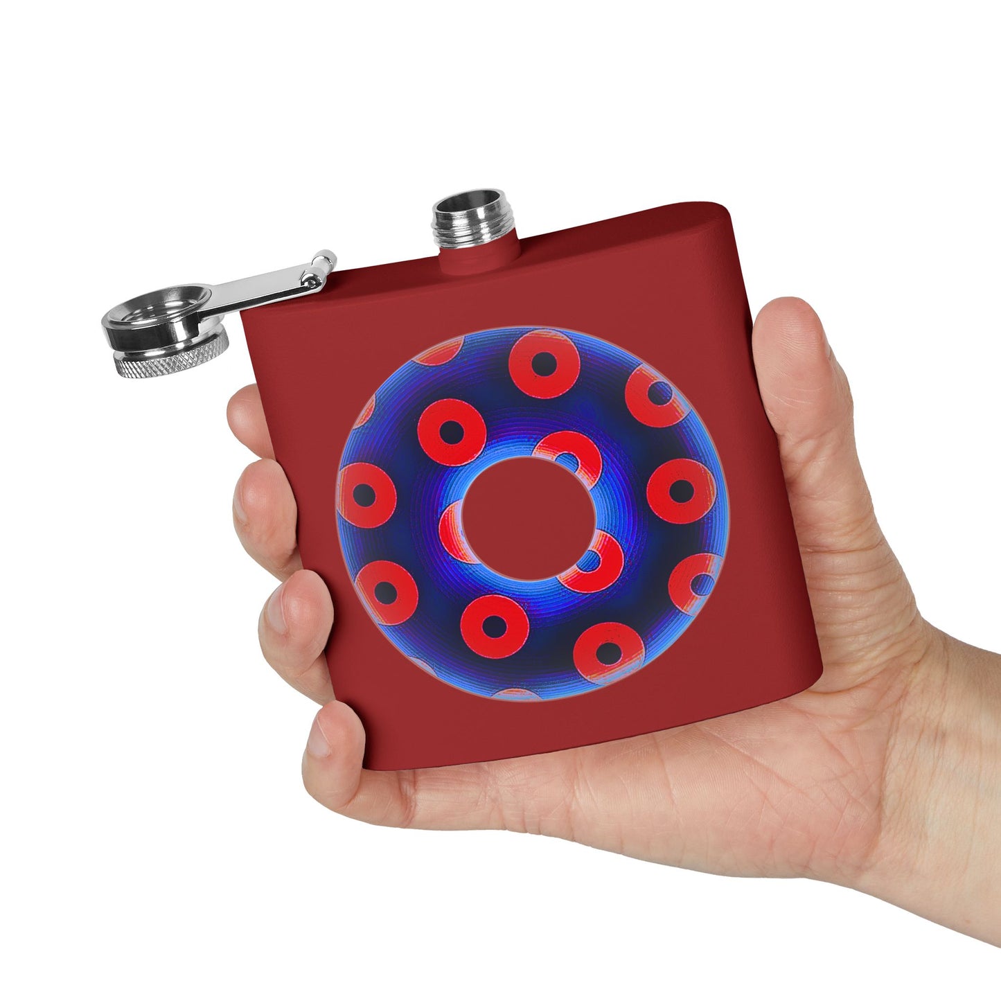 Lump's Donut Flask 6 oz -  Blue/Red Blimpy Paradox Donut - [*w/your choice of 5 backgrounds]
