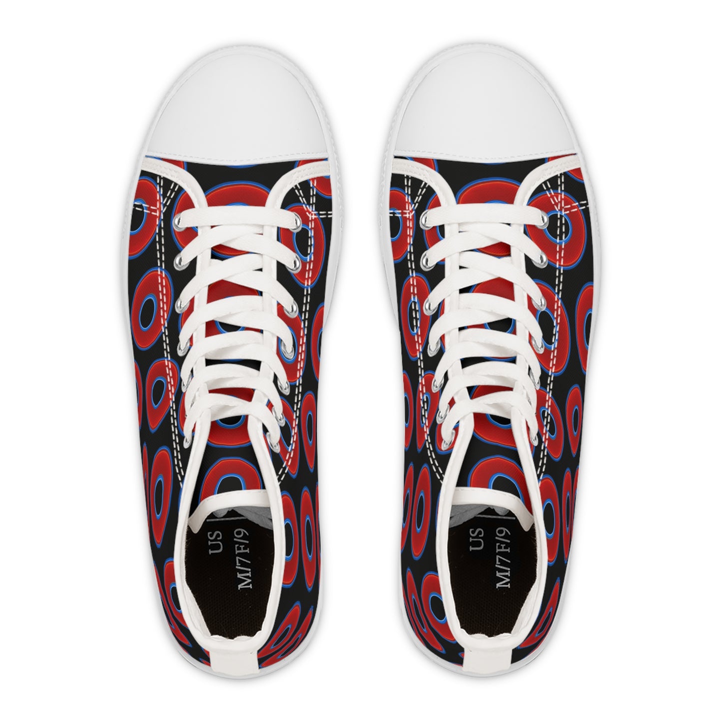 Women's High Top Chuck Taylors - large vivid red donut print w/black background