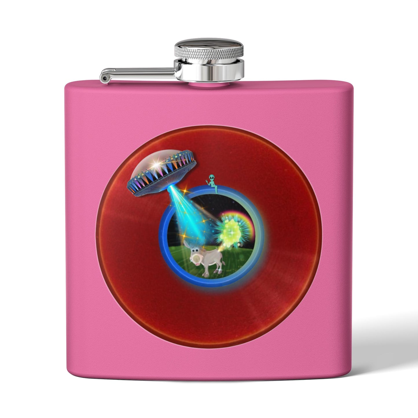 Lump's Donut Flask 6 oz -  "This Flask Scents of a Mule" - vivid red donut - [*w/your choice of 6 backgrounds]