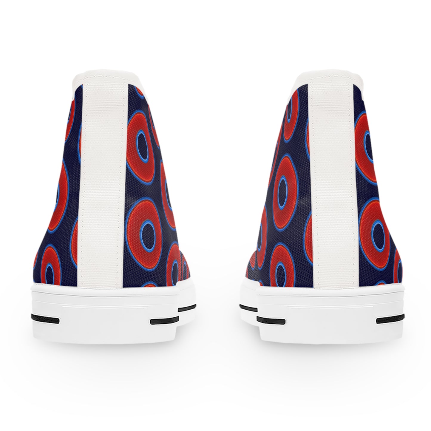 Women's High Top Chuck Taylors - large vivid red donut print w/midnight blue background
