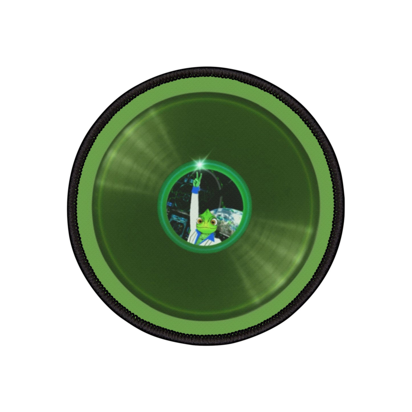 Iron-On Donut Patch - "Rutherford's Stayin' Alive Donut Patch" - vivid green record donut - variant 2