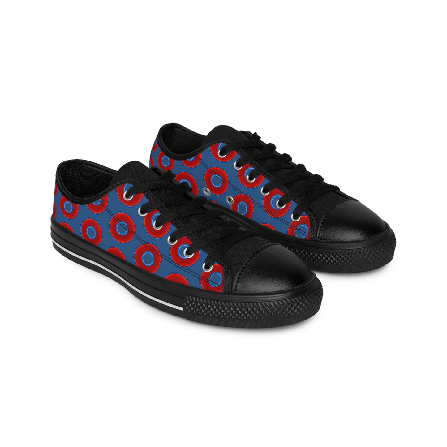 Women's Cushiony Convectors - Low Top - large red vivid donut print w/light navy blue background