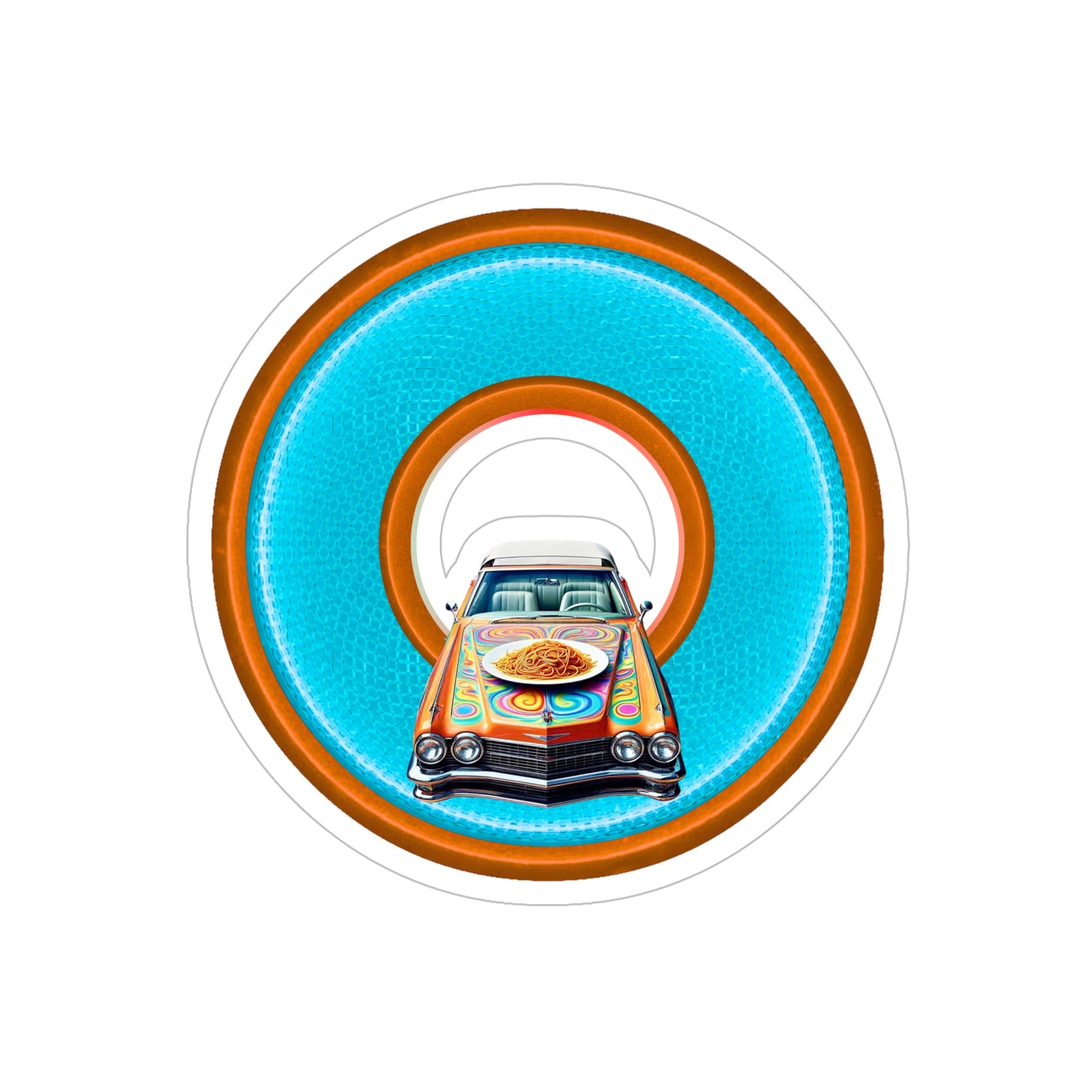 Donut Bumper/Outdoor Sticker - "Cadillac Rainbows & Eating on the Run" - series 1.0 - variant 1 turquoise/orange donut - [Die-Cut] 6"x 6"