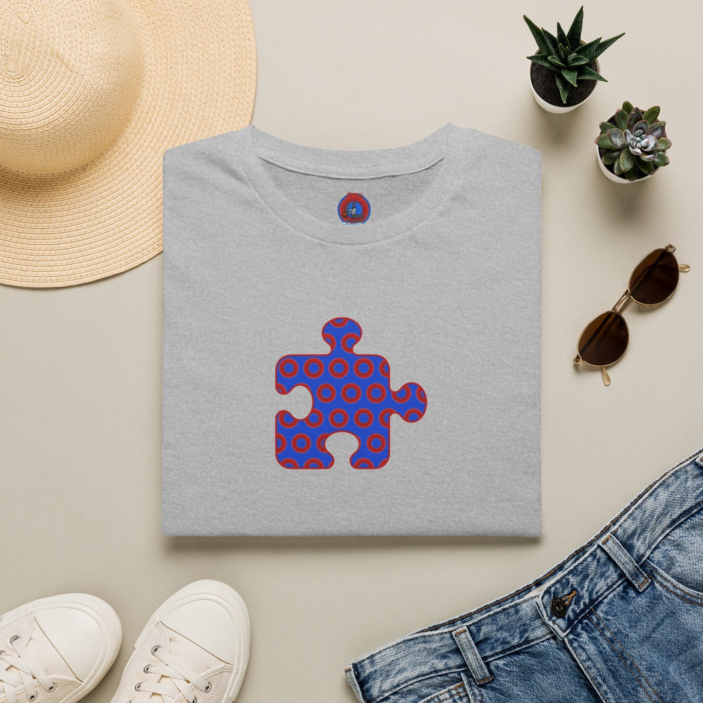 Classic Donut Tee - Unisex Soft-Style - "Trey's Completed Donut Pattern" - vivid red/blue puzzle pattern - variant 2