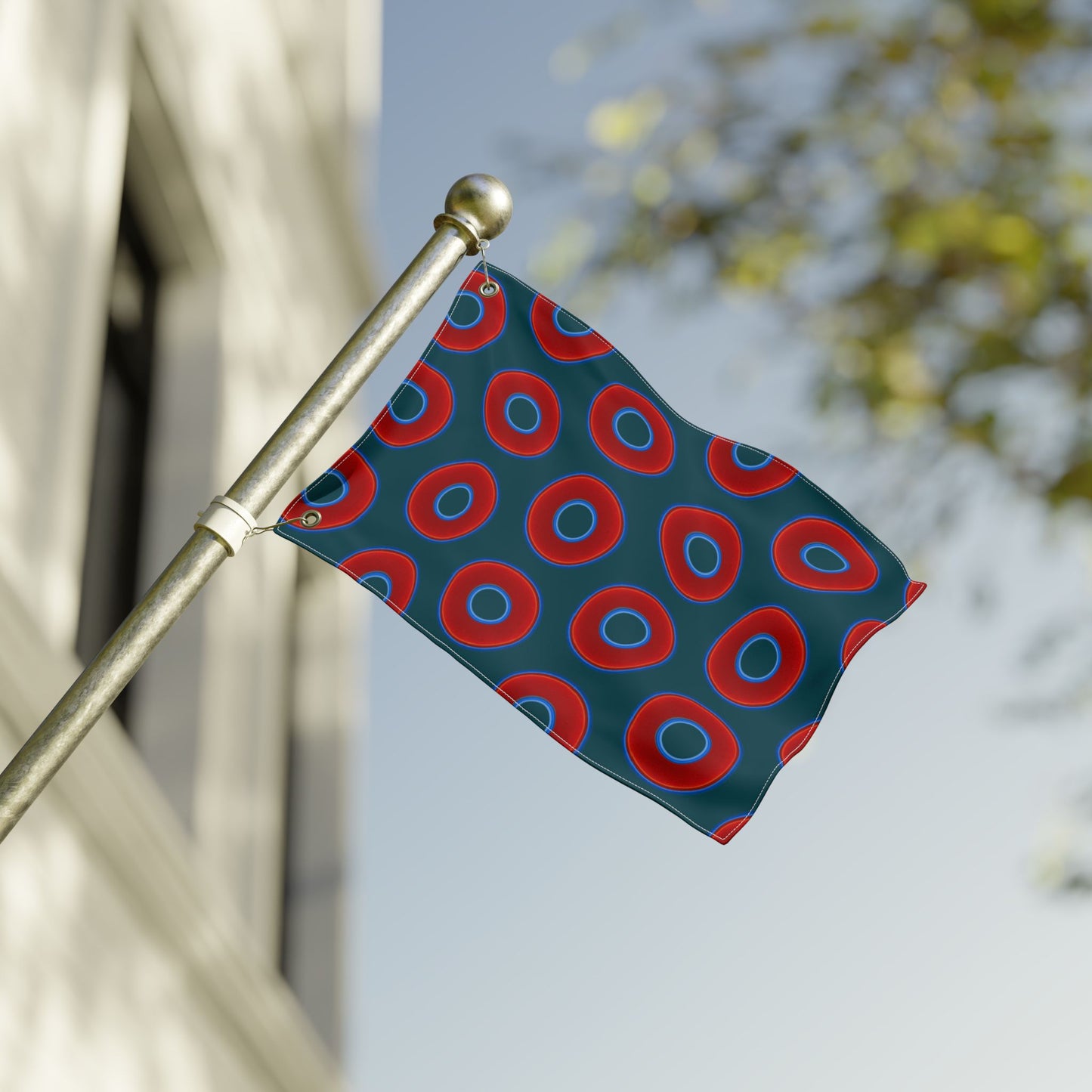 Lumpy Flagpole Sitters - Donut Flags [12" x 18"] - red vivid donut print w/midnight green background