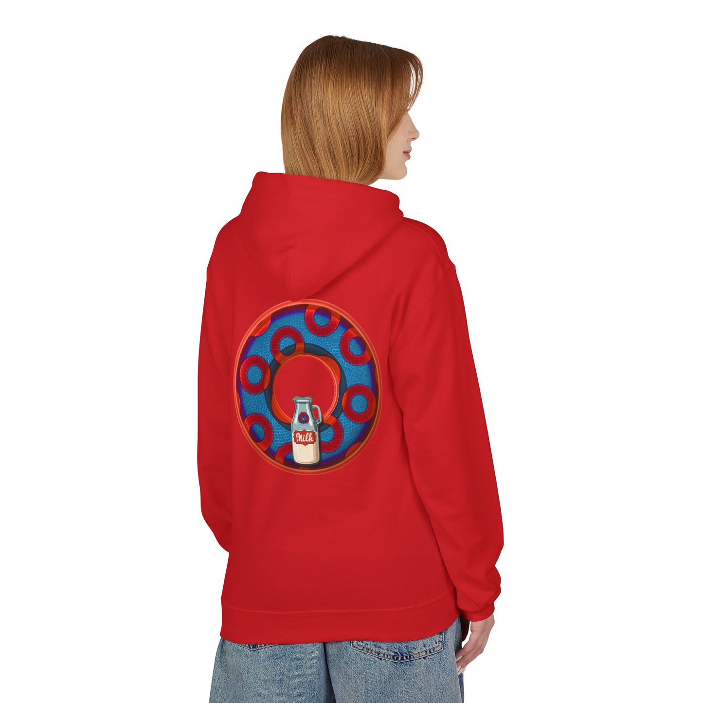Fleece Harry Hoodies [Midweight Soft-style] - "Wooked Cream Dairy - YEMSG Donut" - blue/red rustic paradox donut - variant 1