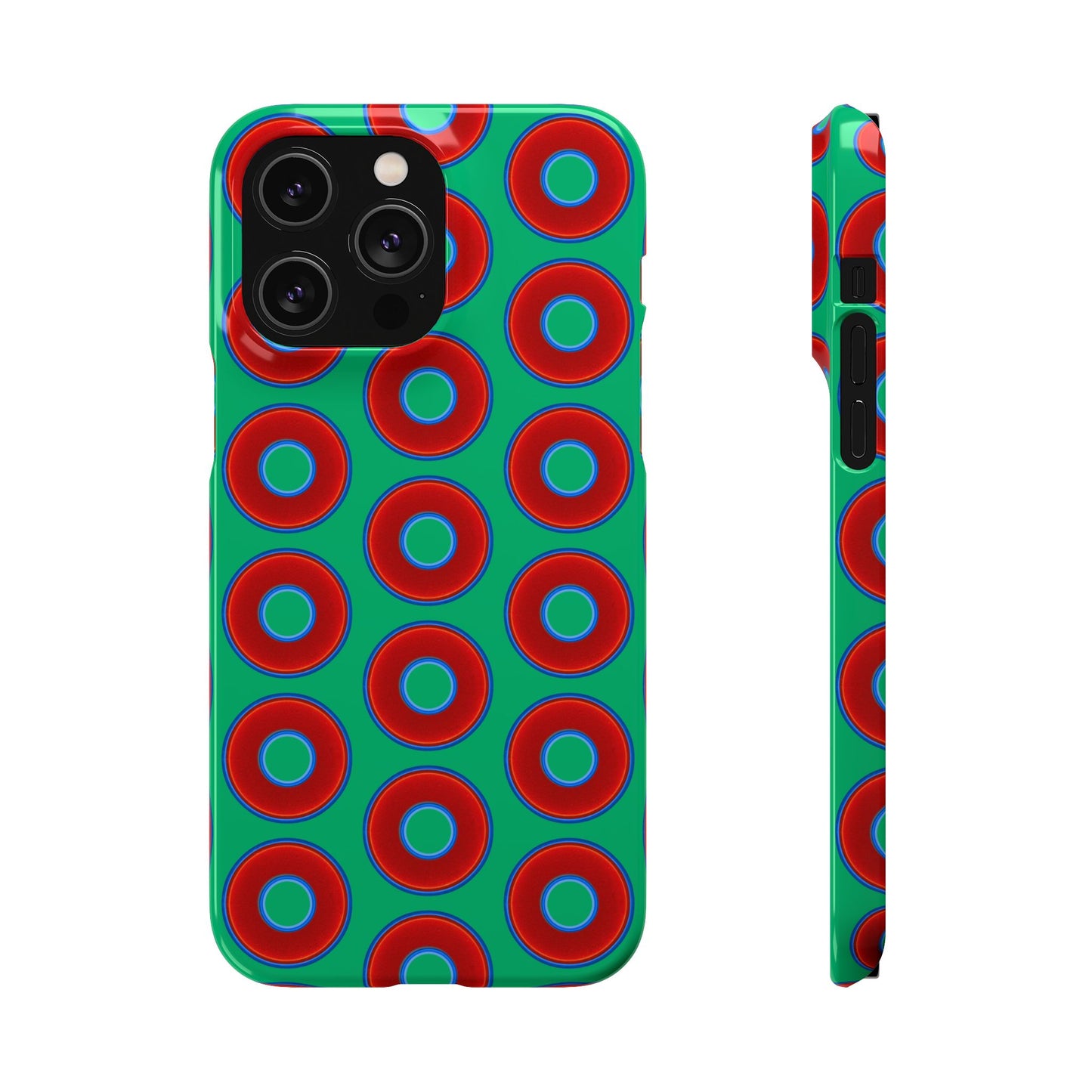 Lumpy Donut Snap Case - red vivid donut print w/jade green background