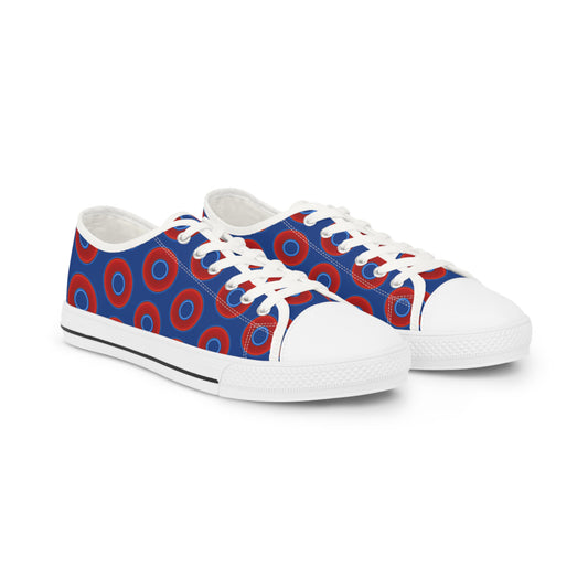 Men's - Low Top Chuck Taylors - large vivid red donut print w/dark blue background