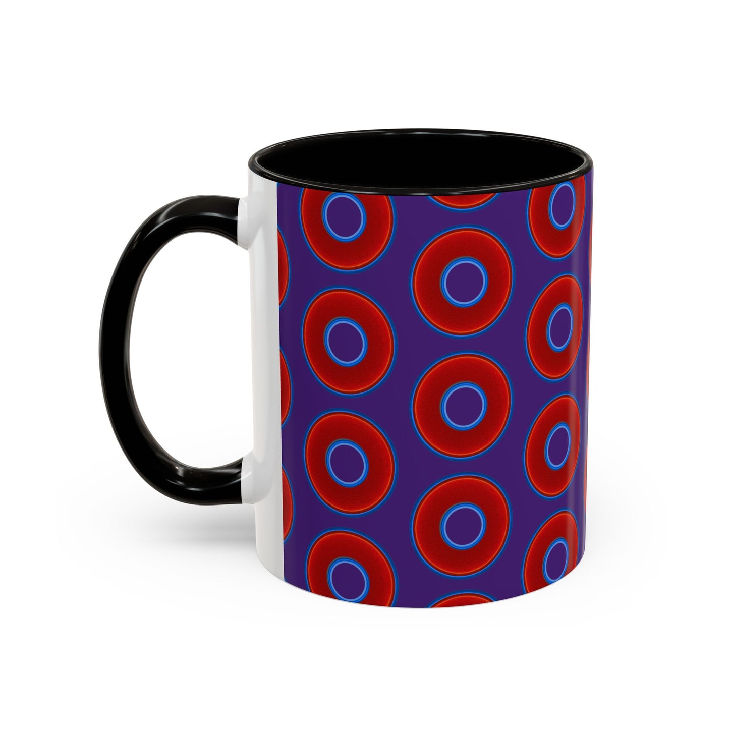Lump's Grumpy Coffee Mug - vivid red donuts w/purple background