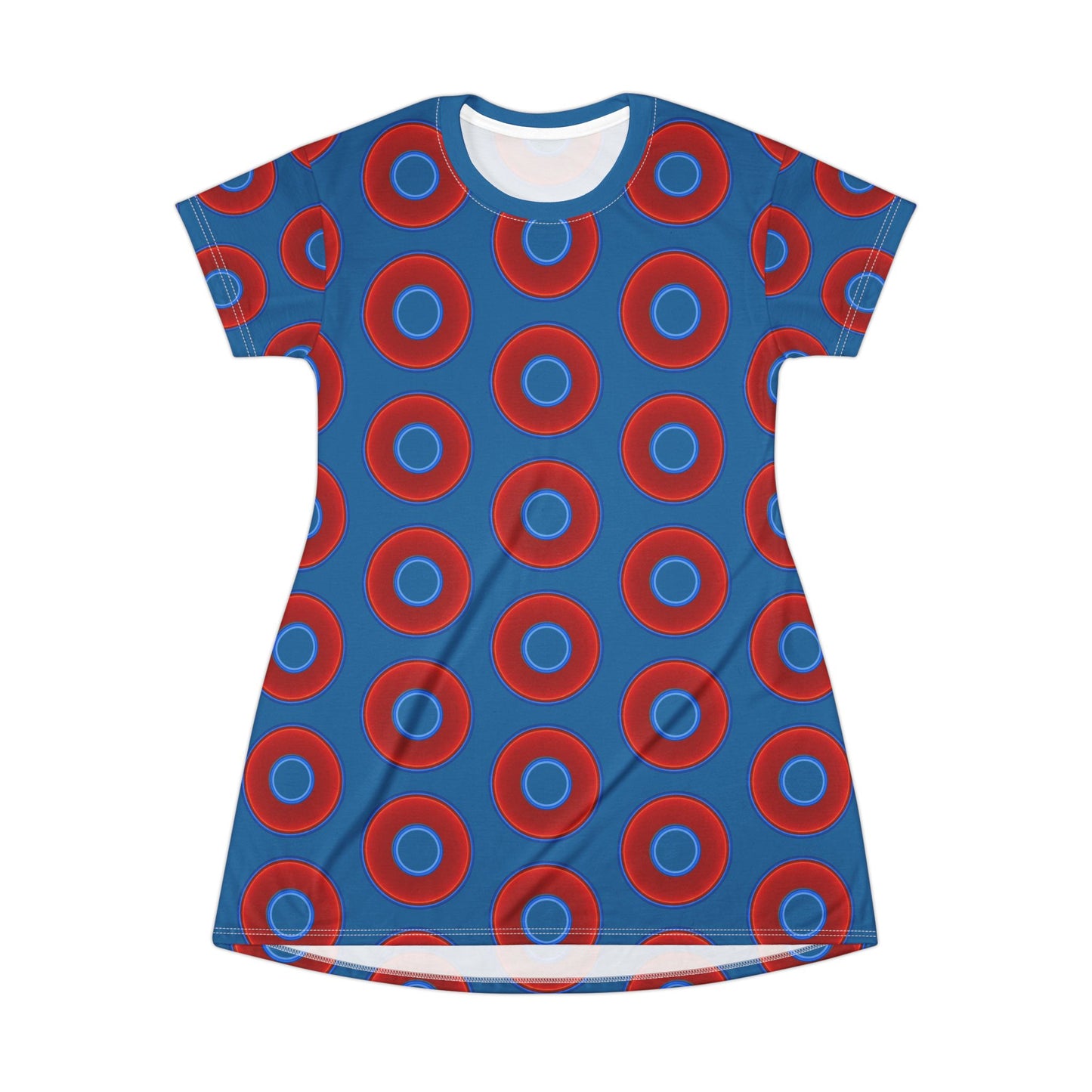 Not a Muumuu AOP Tee Shirt Dress - red vivid donuts w/wavy navy blue background