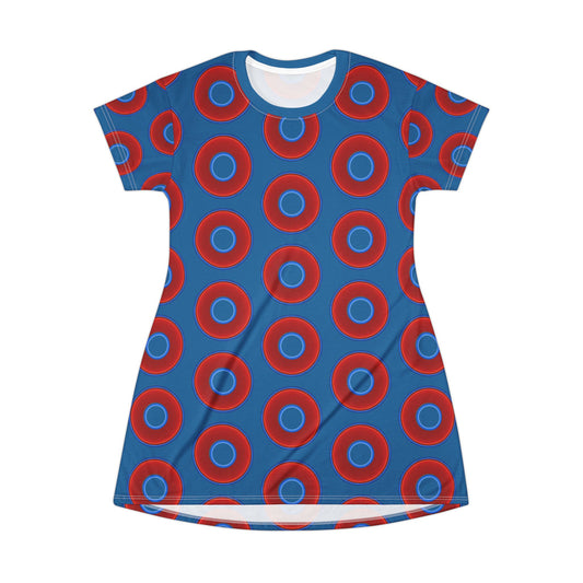 Not a Muumuu AOP Tee Shirt Dress - red vivid donuts w/wavy navy blue background
