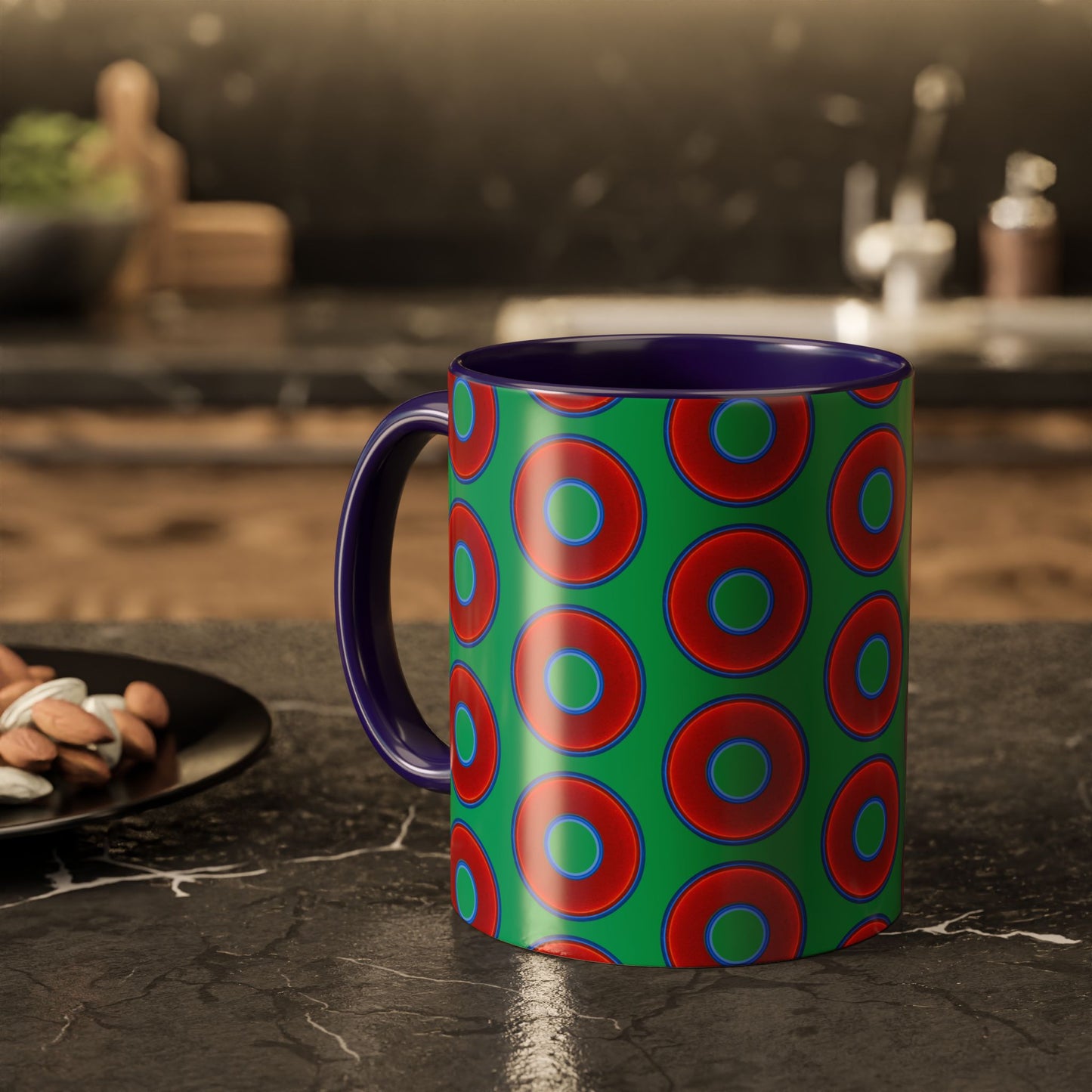 Lump's Grumpy Coffee Mug - vivid red donuts w/jade green background