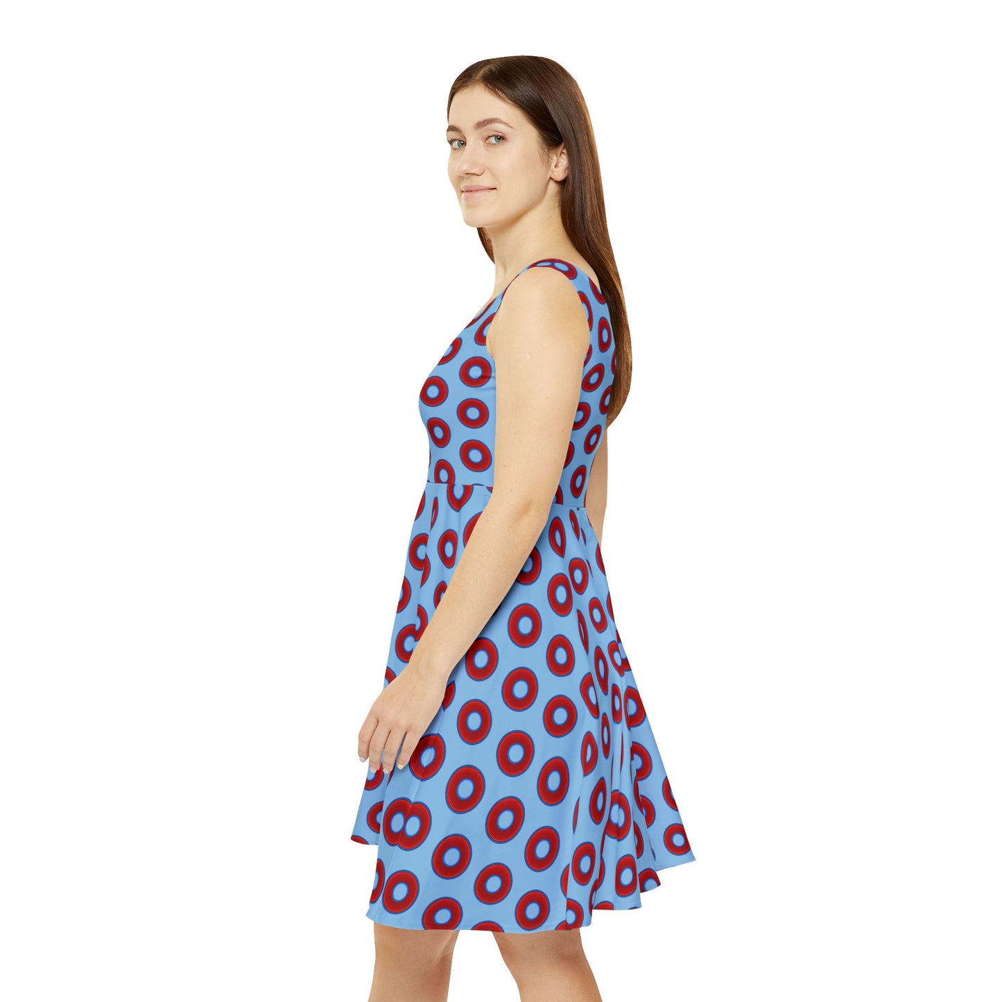 Women's Skater Donut Dress - vivid red donut print w/sky blue background
