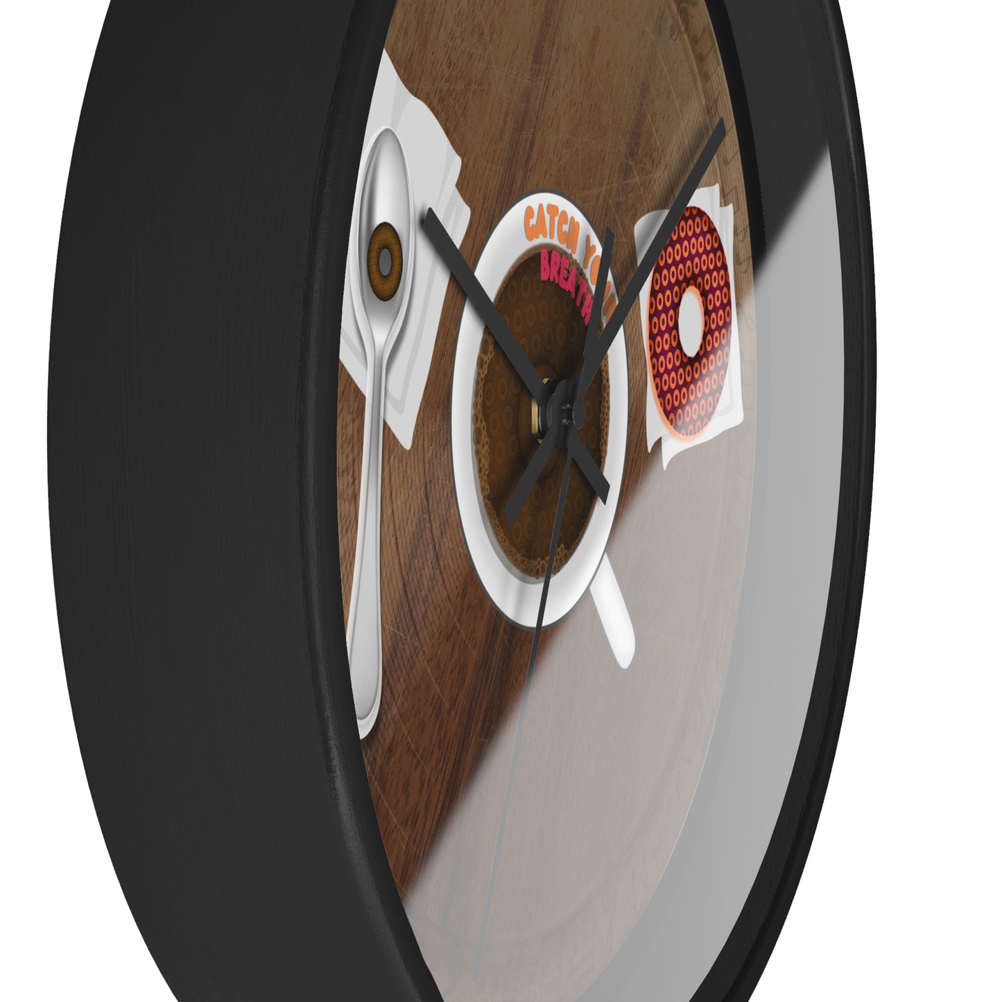 Lumpy Wall Clock - "It's Time for Coffee & Donuts" - wooden/table donut w/black background
