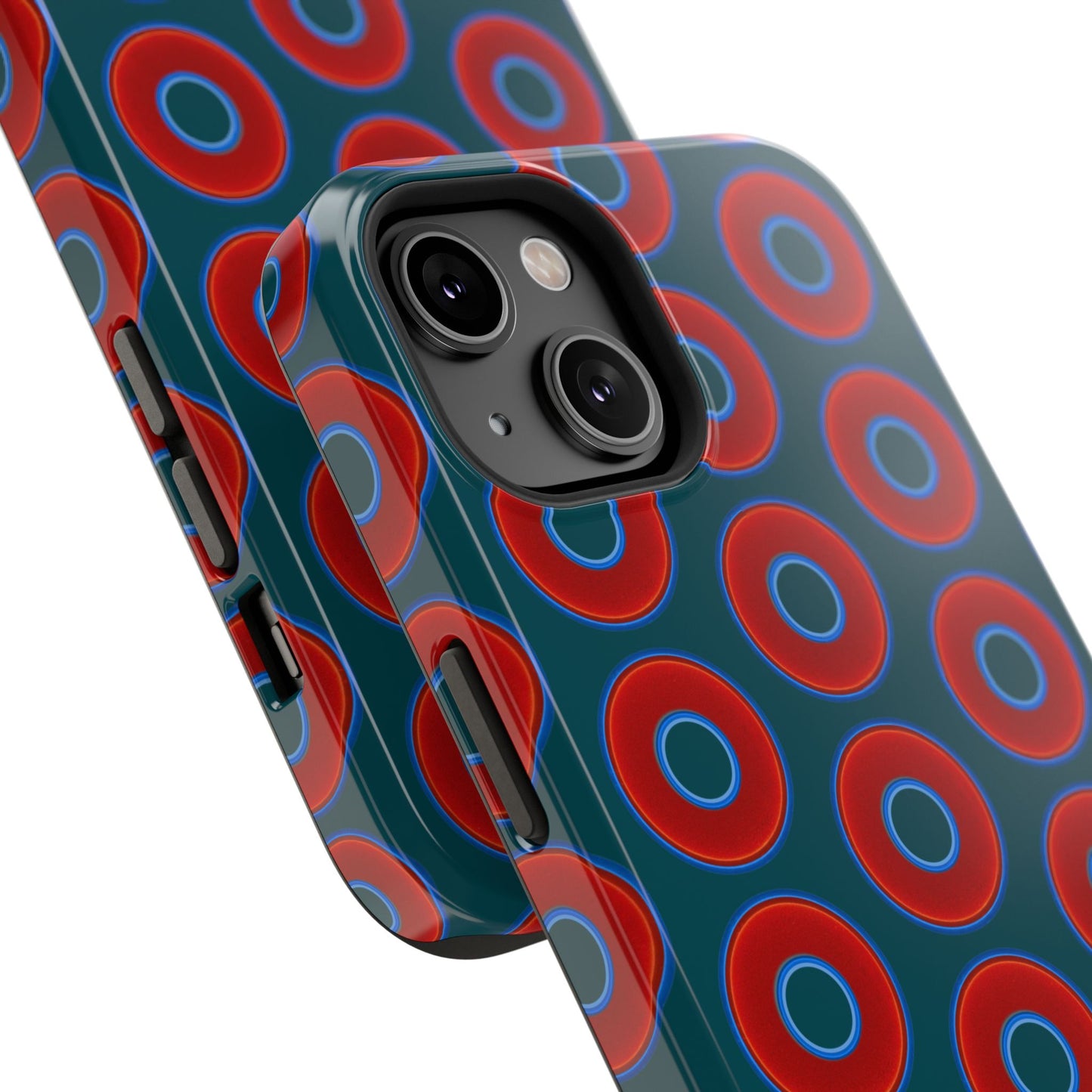 Impact-Resistant Lumpy Donut Case - red vivid donut print w/midnight green background