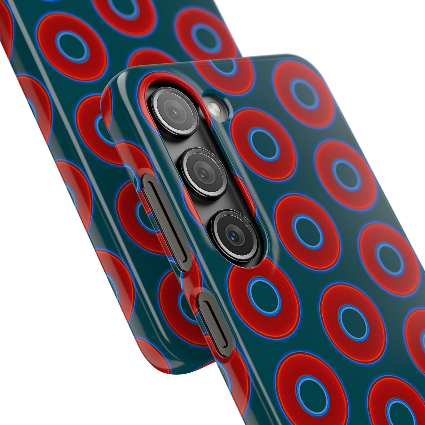 Lumpy Donut Snap Case - red vivid donut print w/midnight teal green background