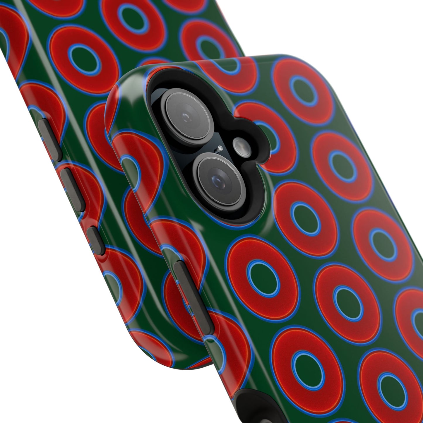 Magnetic Tough Donut Case - red vivid donut print w/deep pond green background