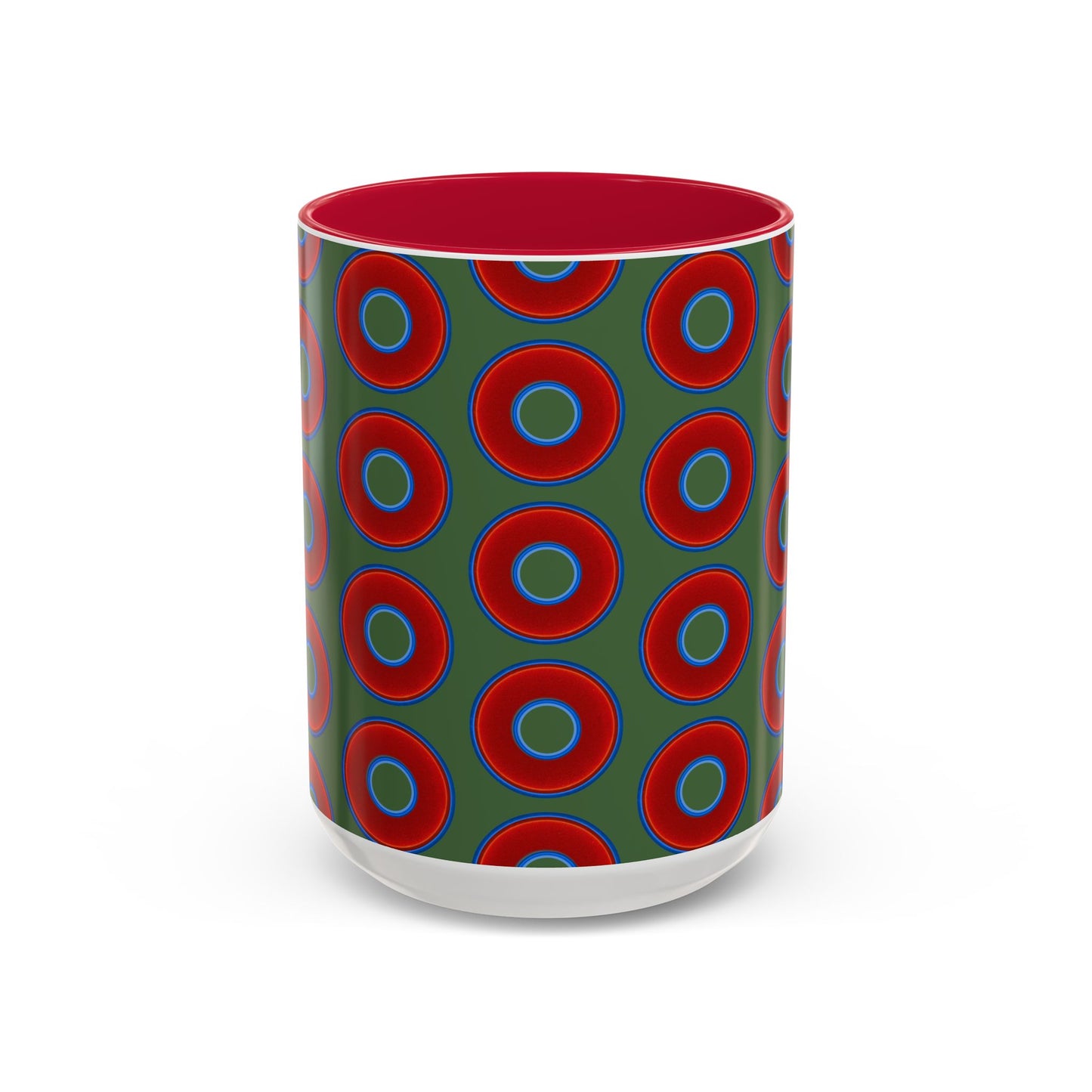 Lump's Grumpy Coffee Mug - vivid red donuts w/dark green background