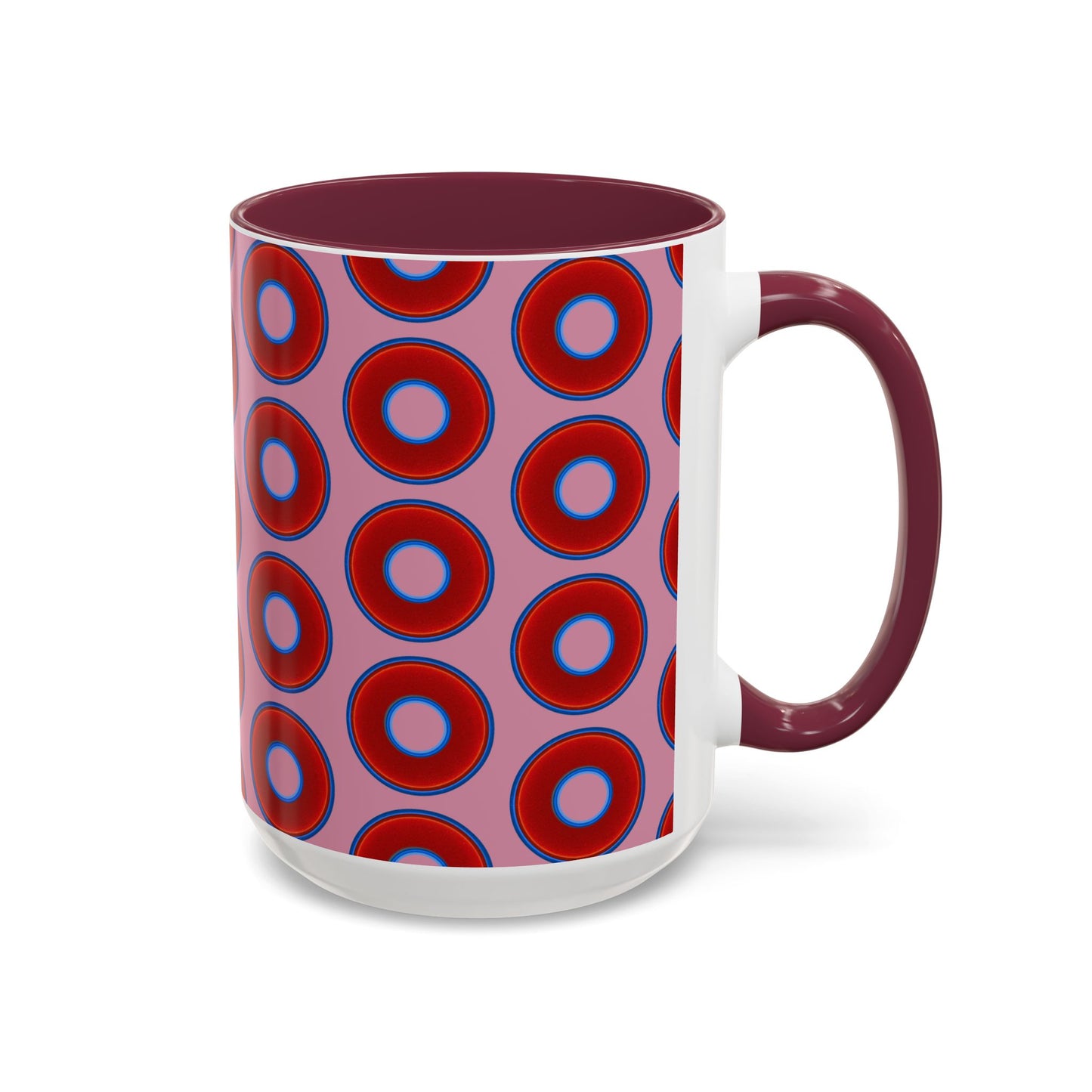 Lump's Grumpy Coffee Mug - vivid red donuts w/pink background