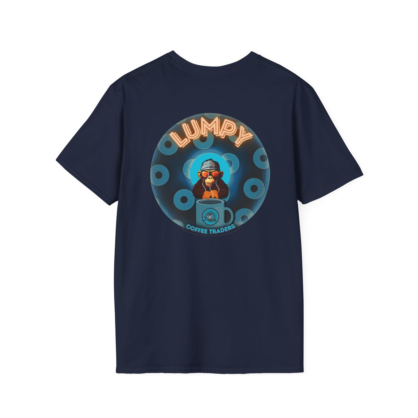 Coffee Traders Tee - Unisex Soft-Style - "Tasty Coffee" - paradoxical donut/cubed blue donut - variant 1 - It's Ice Cube's front/logo back