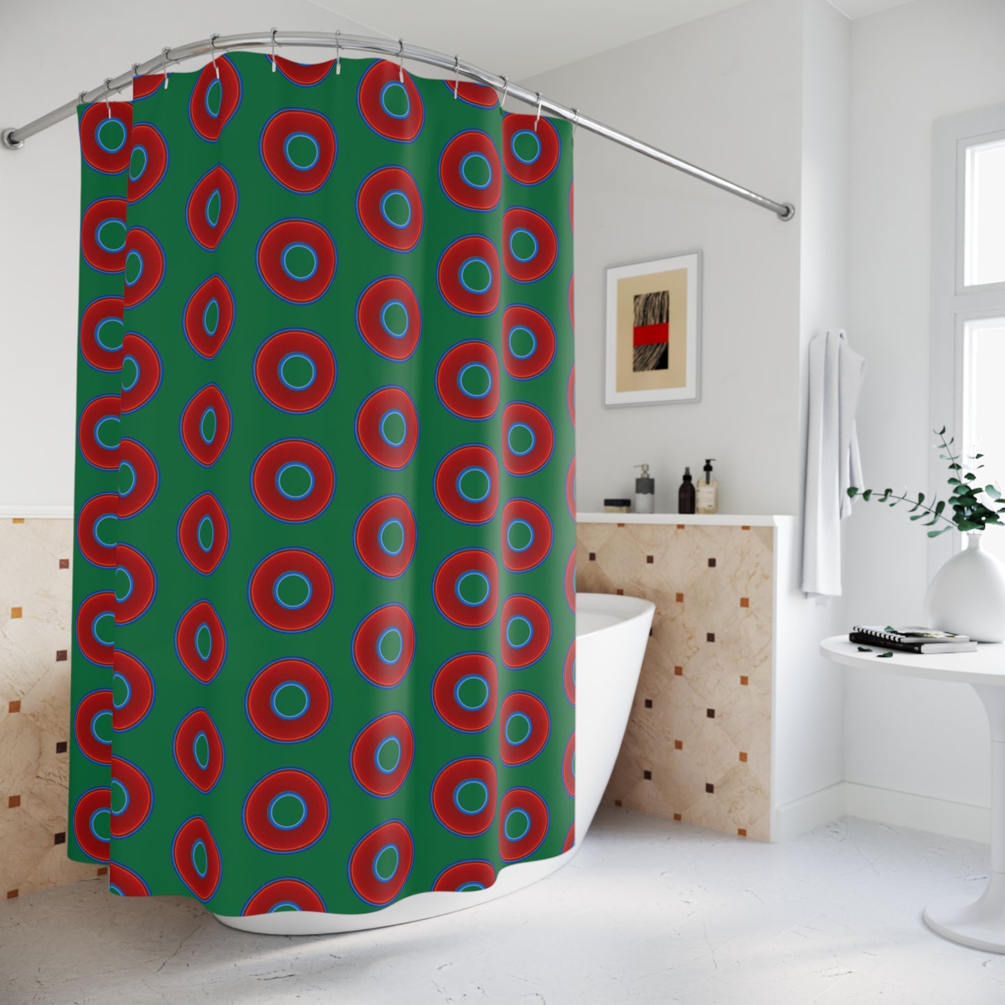 The Curtain With "Donuts" - Lumpy Bath Time Fun - vivid red donuts w/green background