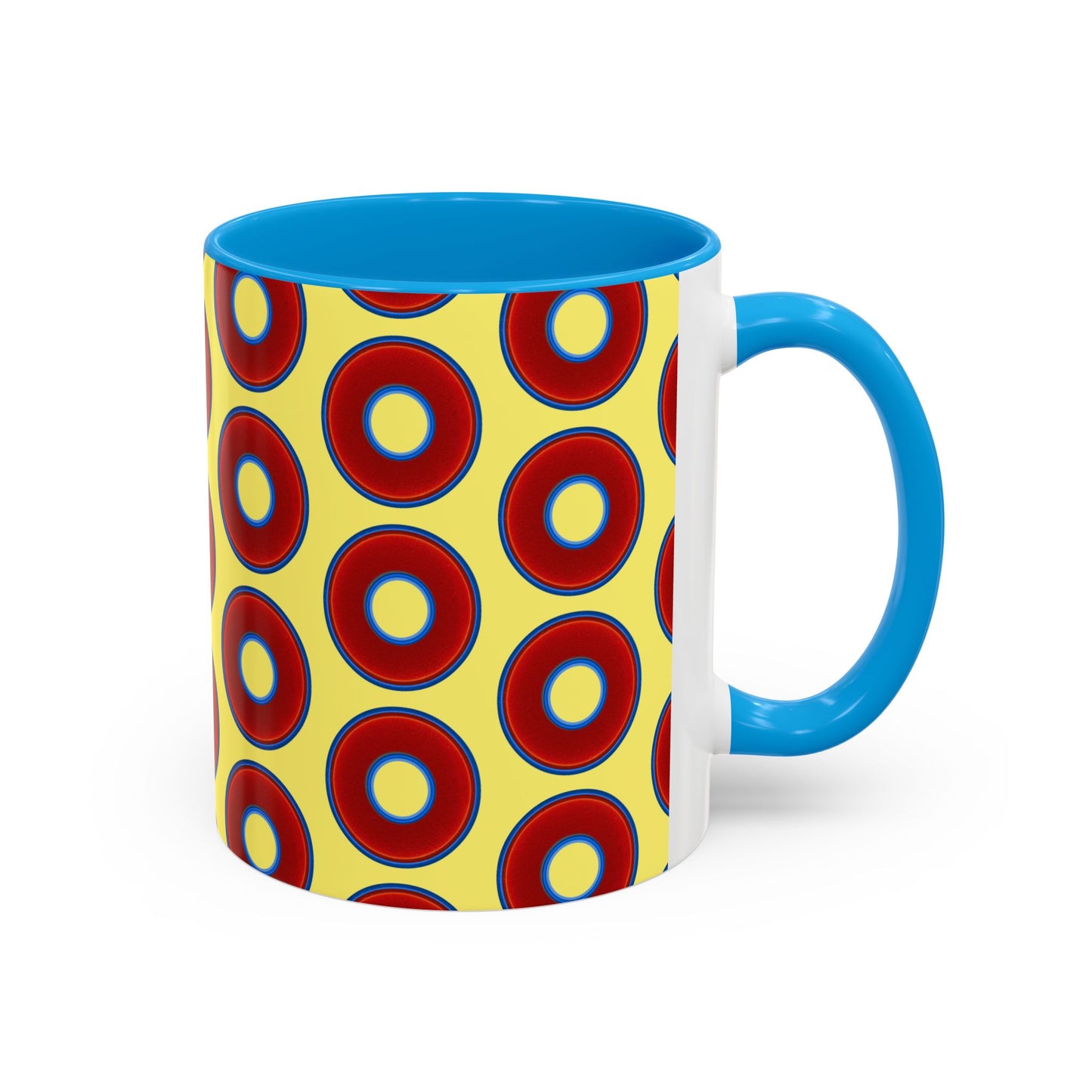 Lump's Grumpy Coffee Mug - vivid red donuts w/yellow background