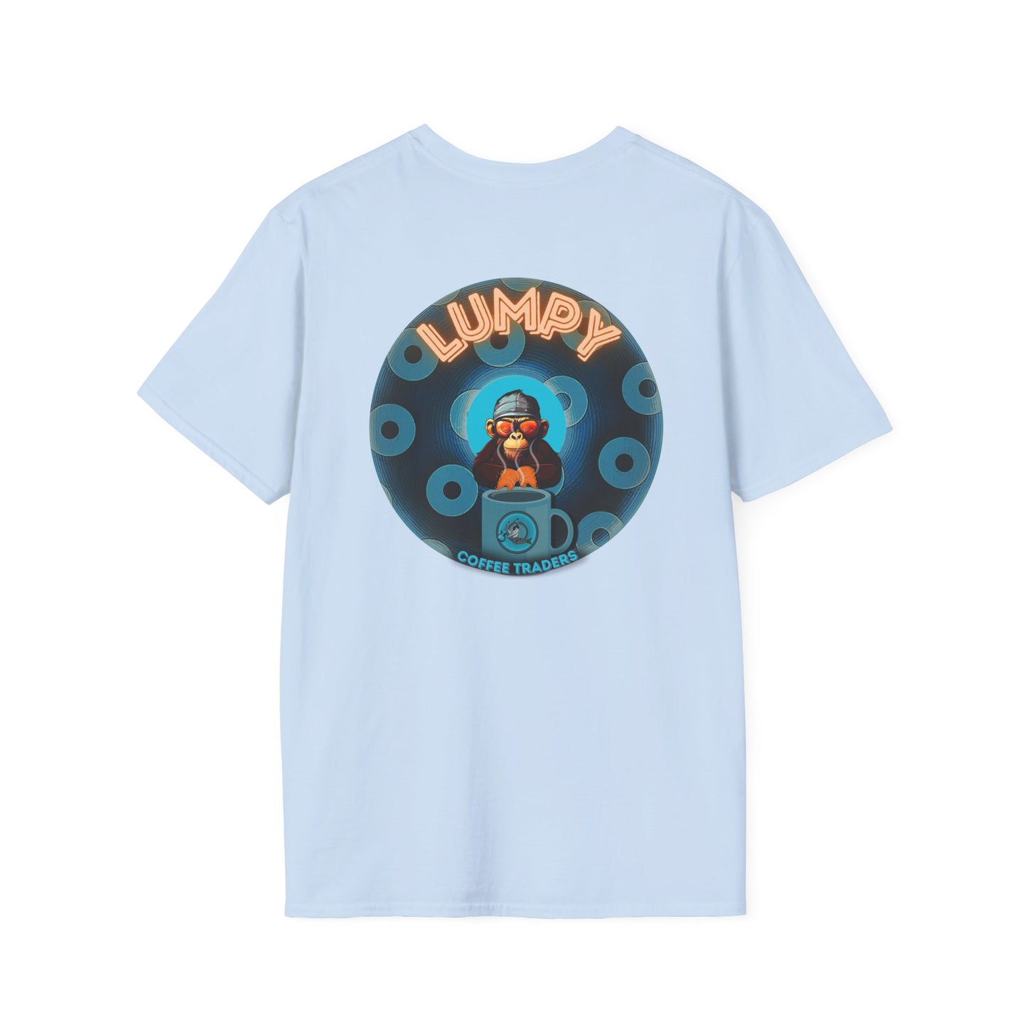 Lumpy Coffee Traders Tee - Unisex Soft-Style - "Good to Last Leaky Drop" - paradoxical donut - variant 2 - ocean donut front/logo back