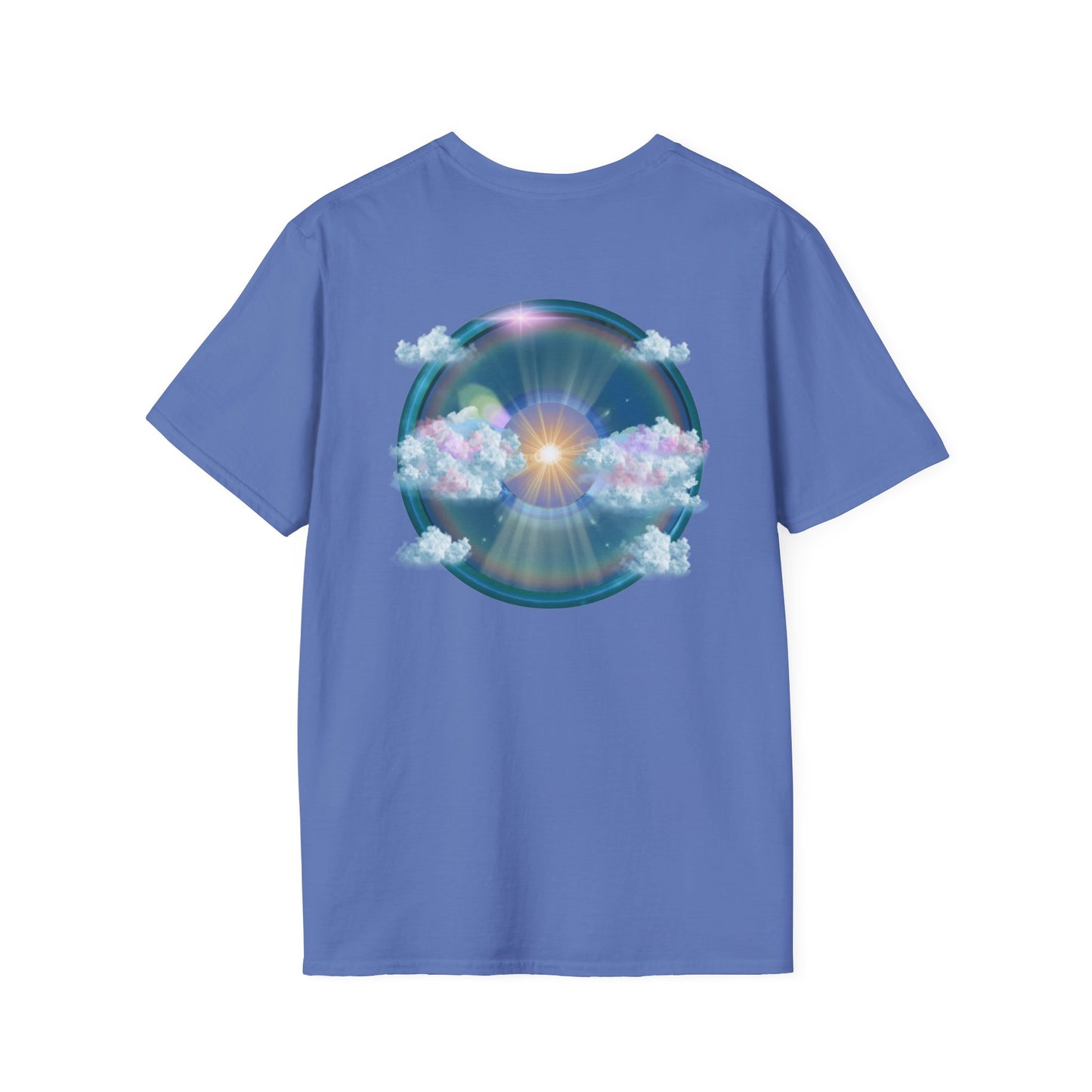 Classic Donut Tee - Unisex Soft-Style - "The Divided Donut" - variant 2 - blue donut  w/hole & sun [*50% to The Divided Sky Foundation]