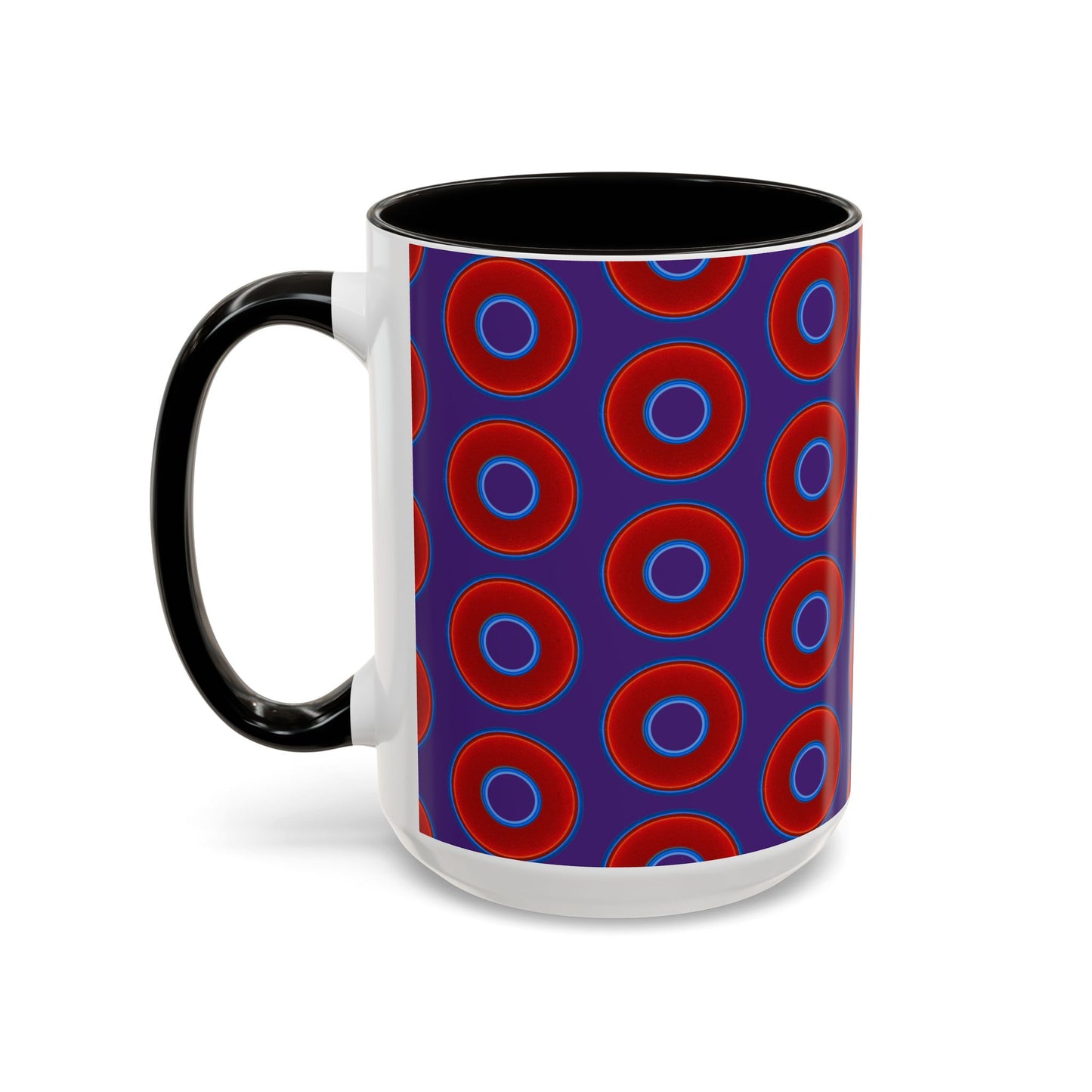 Lump's Grumpy Coffee Mug - vivid red donuts w/purple background
