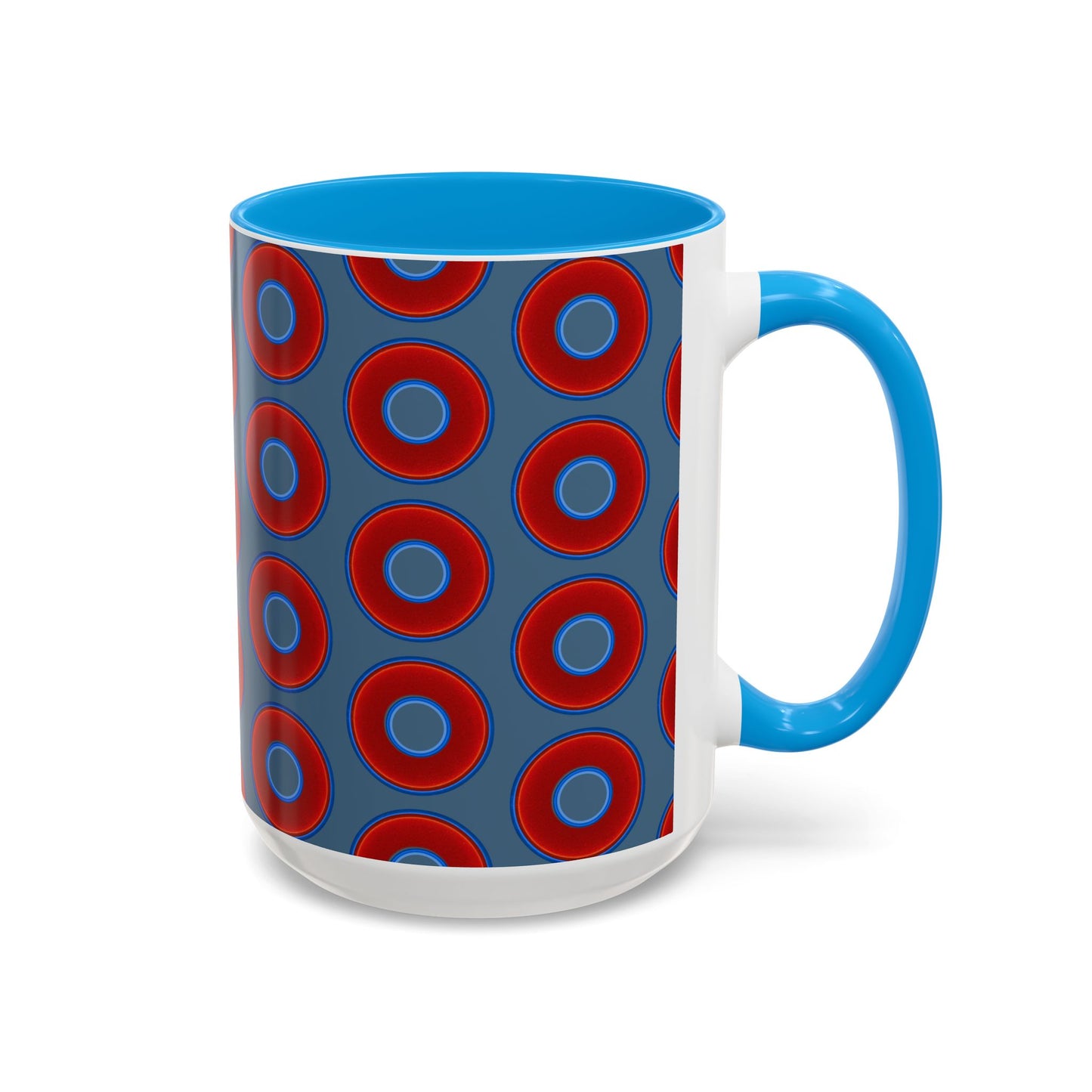 Lump's Grumpy Coffee Mug - vivid red donuts w/steel blue background