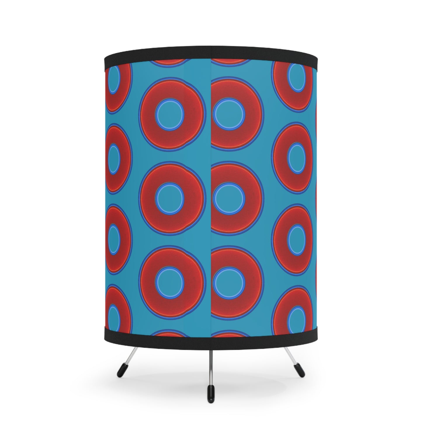 Lumpy Tripod Donut Lamp - vivid red donuts w/aquamarine blue background