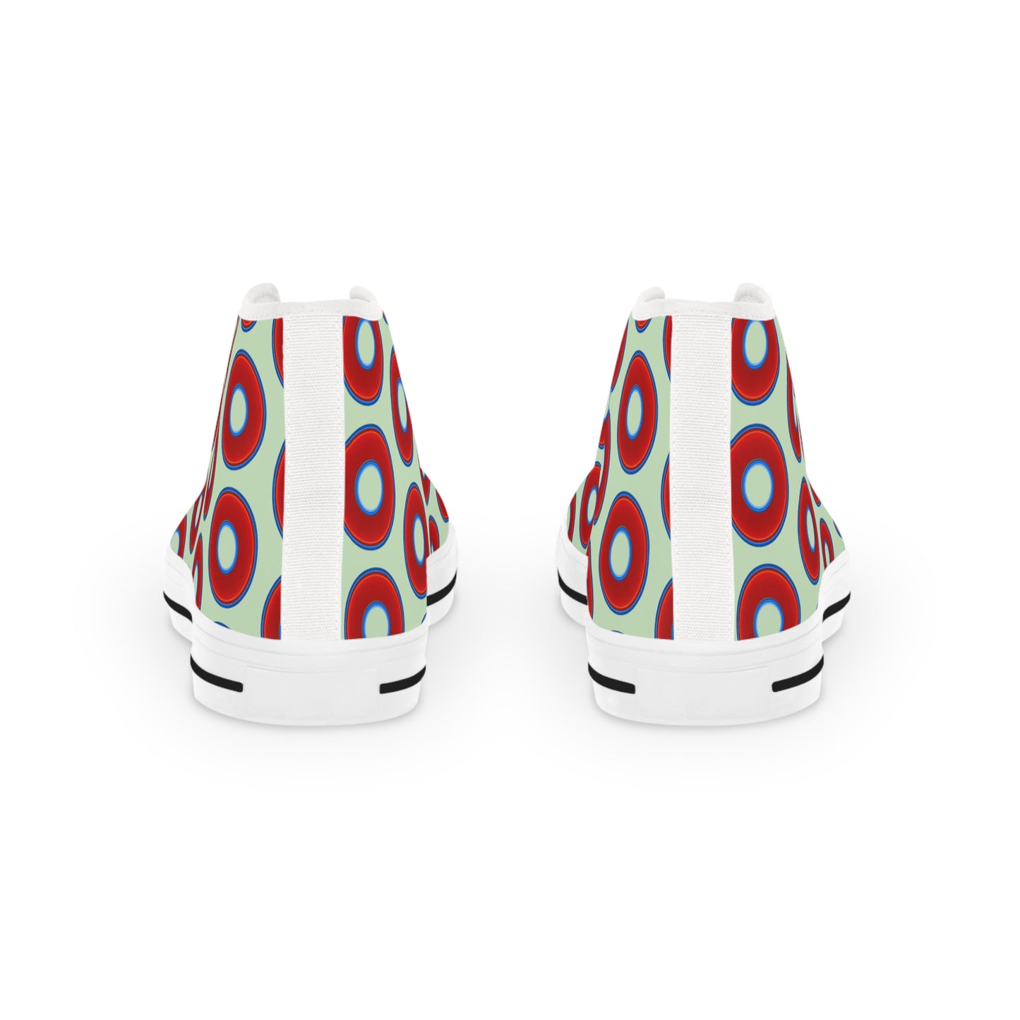 Men's High Top Chucks - large vivid red donut print w/seamfoam background