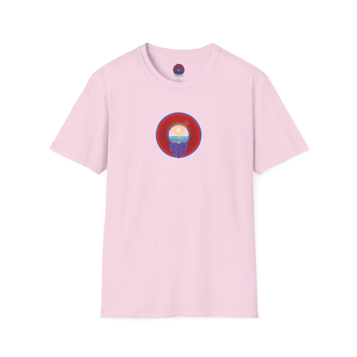 Classic Donut Tee - Unisex Soft-Style - "Ocean Donuts of Love" - vivid red donut - w/sun - variant 2