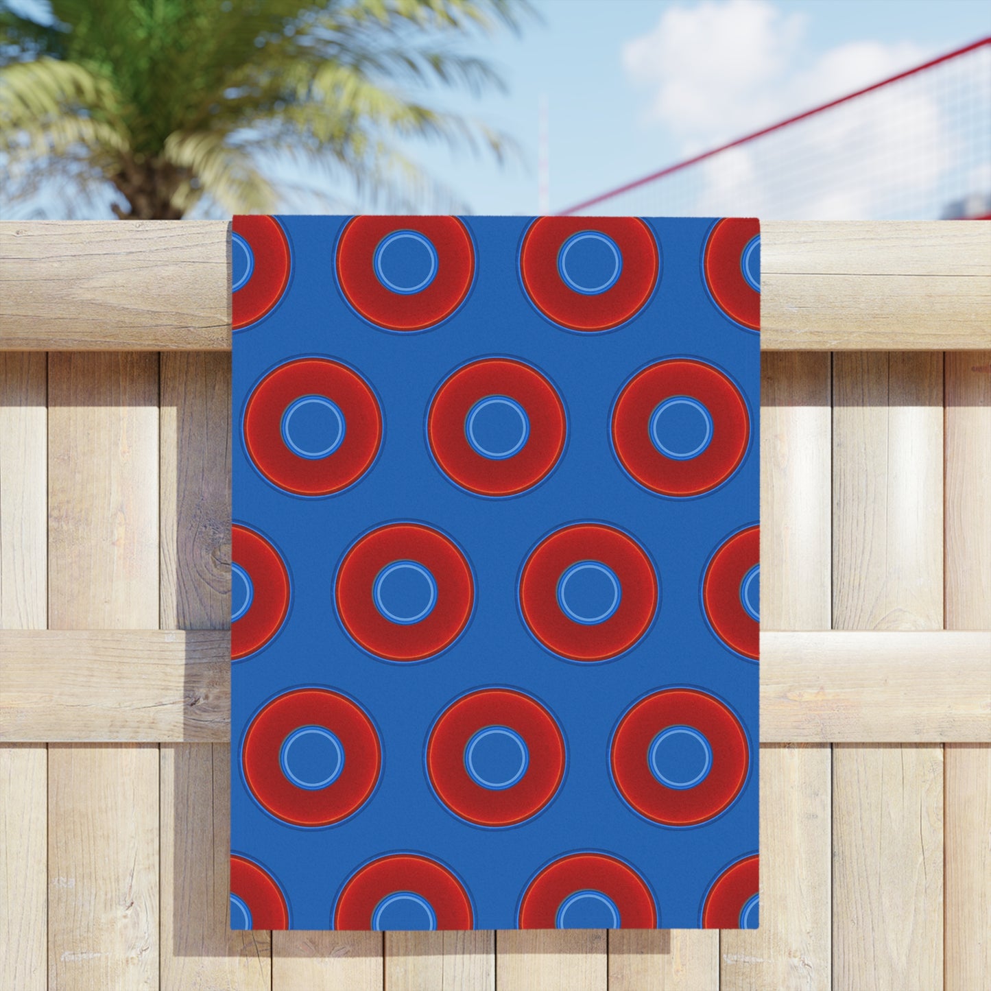 Lumpy Donut Towels - vivid red donuts w/dark royal blue background