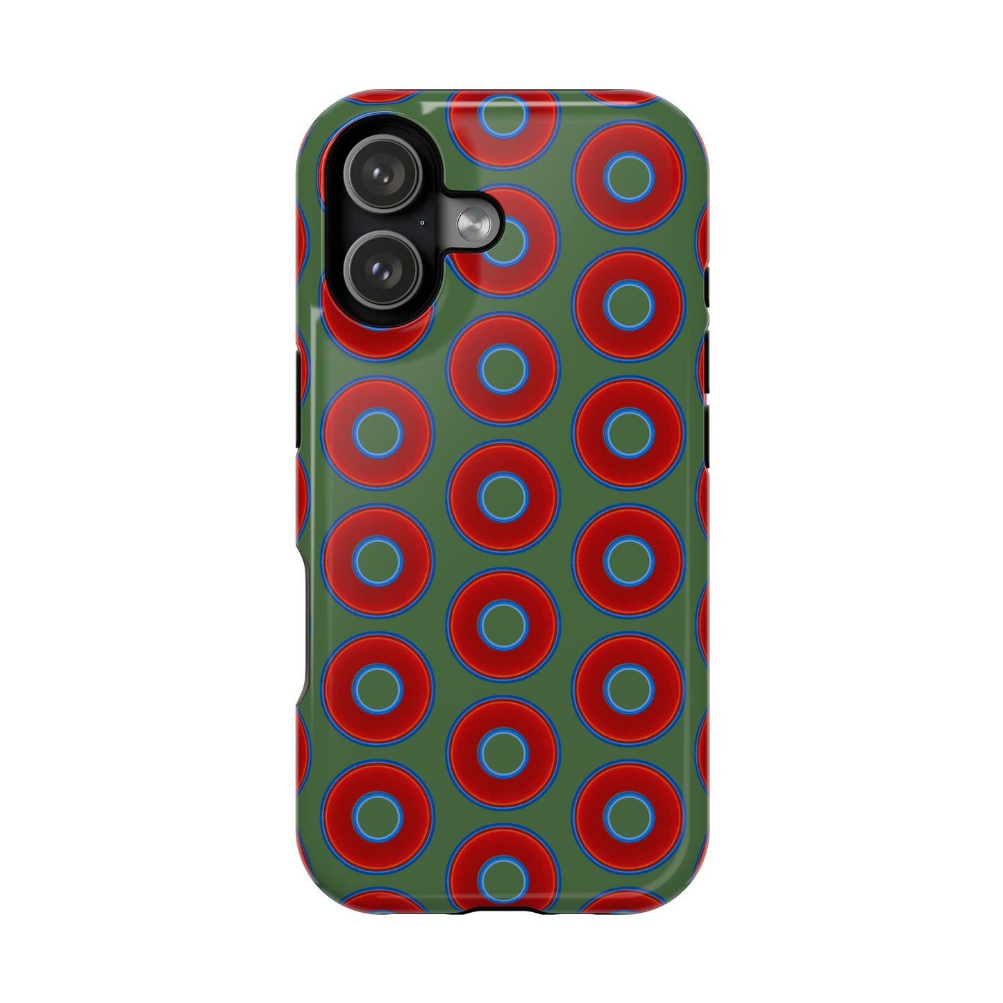 Impact-Resistant Lumpy Donut Case - red vivid donut print w/dark green background