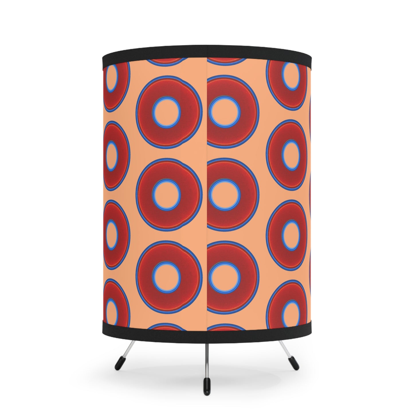 Lumpy Tripod Donut Lamp - vivid red donuts w/peach background