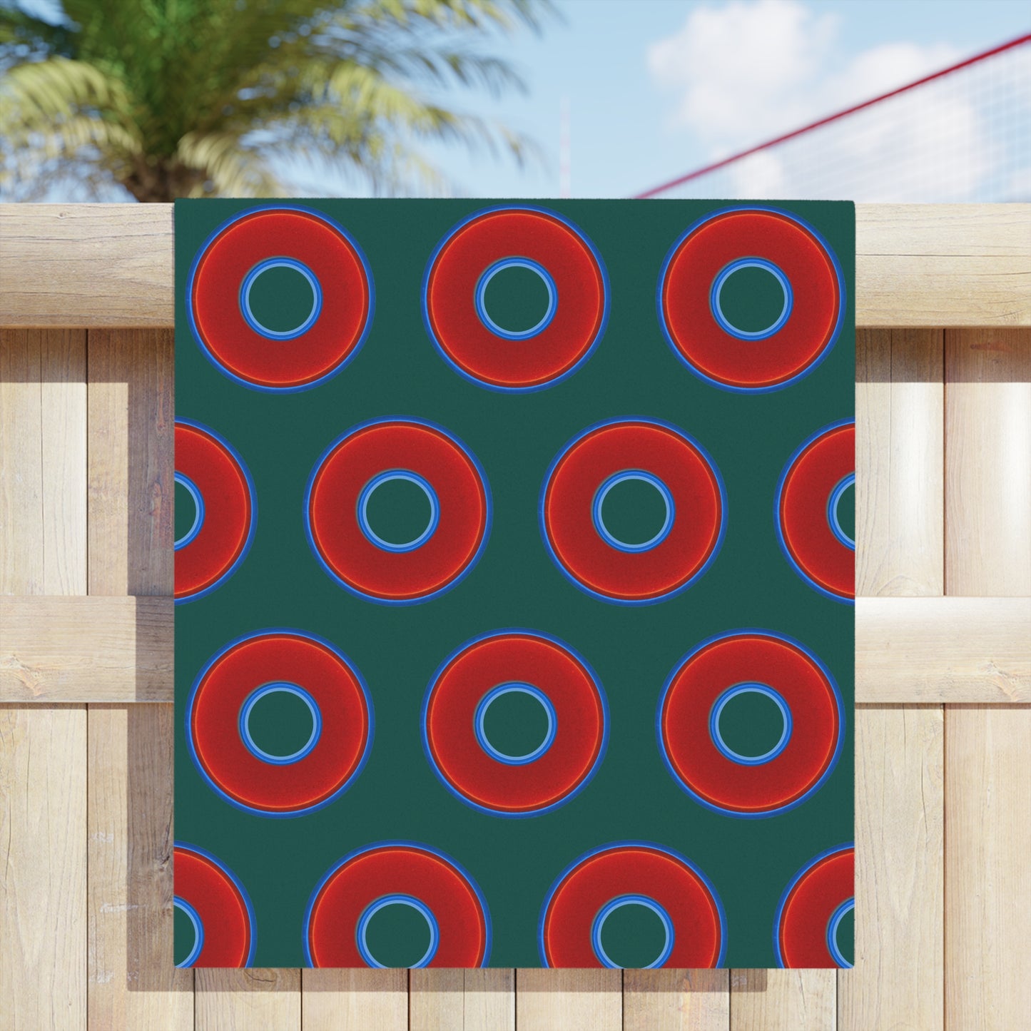 Lumpy Donut Towels - vivid red donuts w/dark Fenway green background