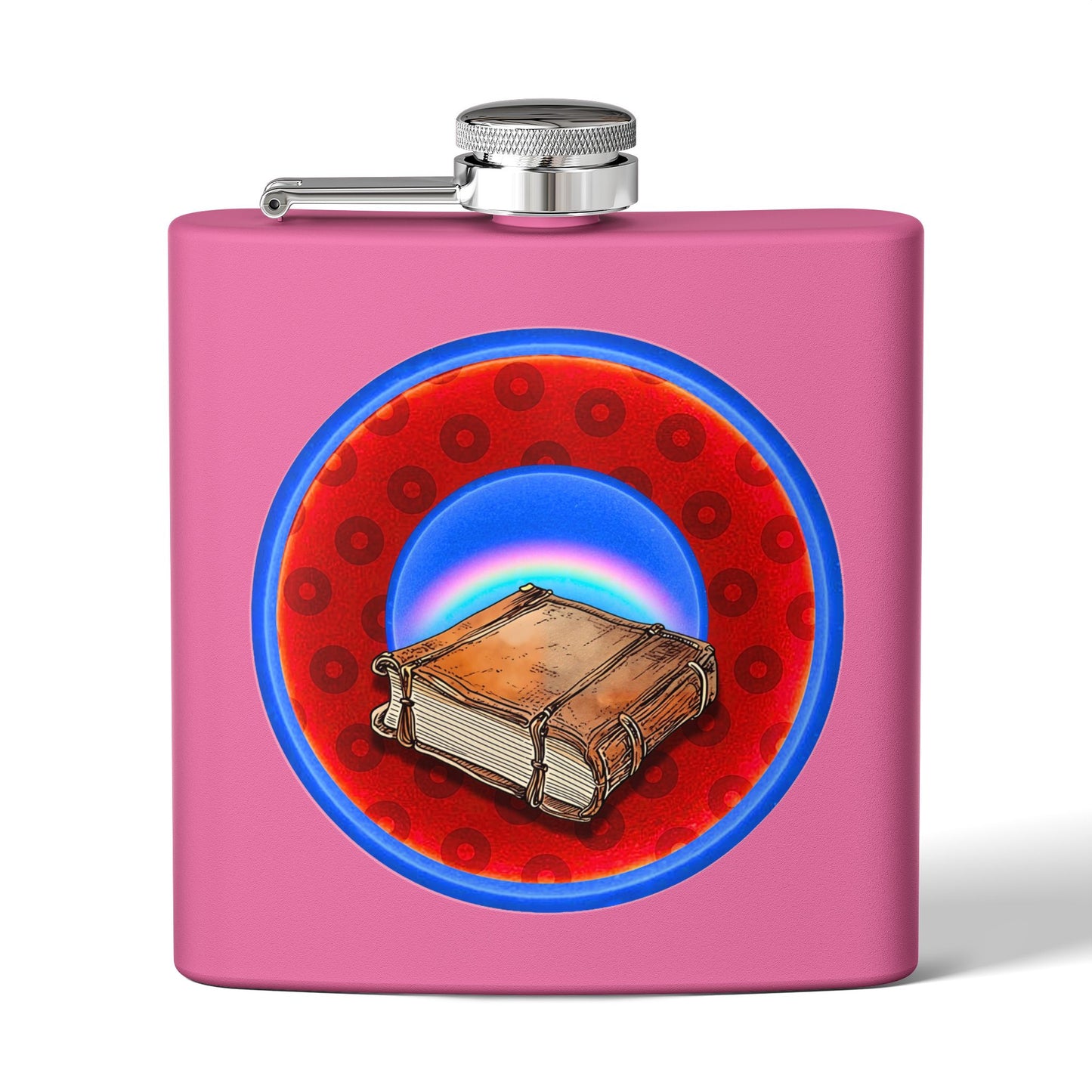 Lump's Donut Flask 6 oz -  "Helping Phriendly Flask" - red/blue widemouthed paradox donut - [*w/your choice of 6 backgrounds]