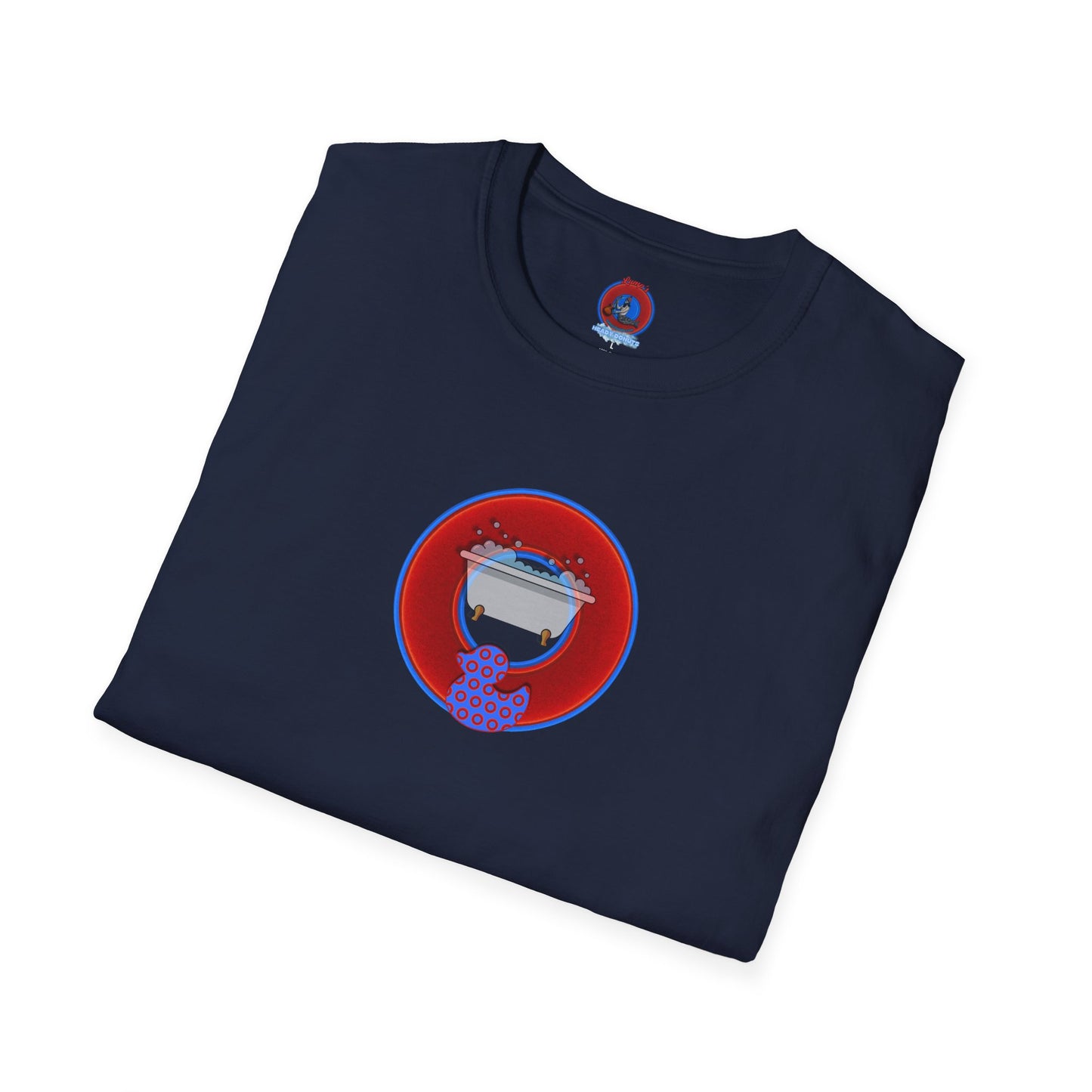 Classic Donut Tee - Unisex Soft-Style - "Rubber Ducky Bath Time Donut" - vivid red/blue donut - w/bathtub - variant 2