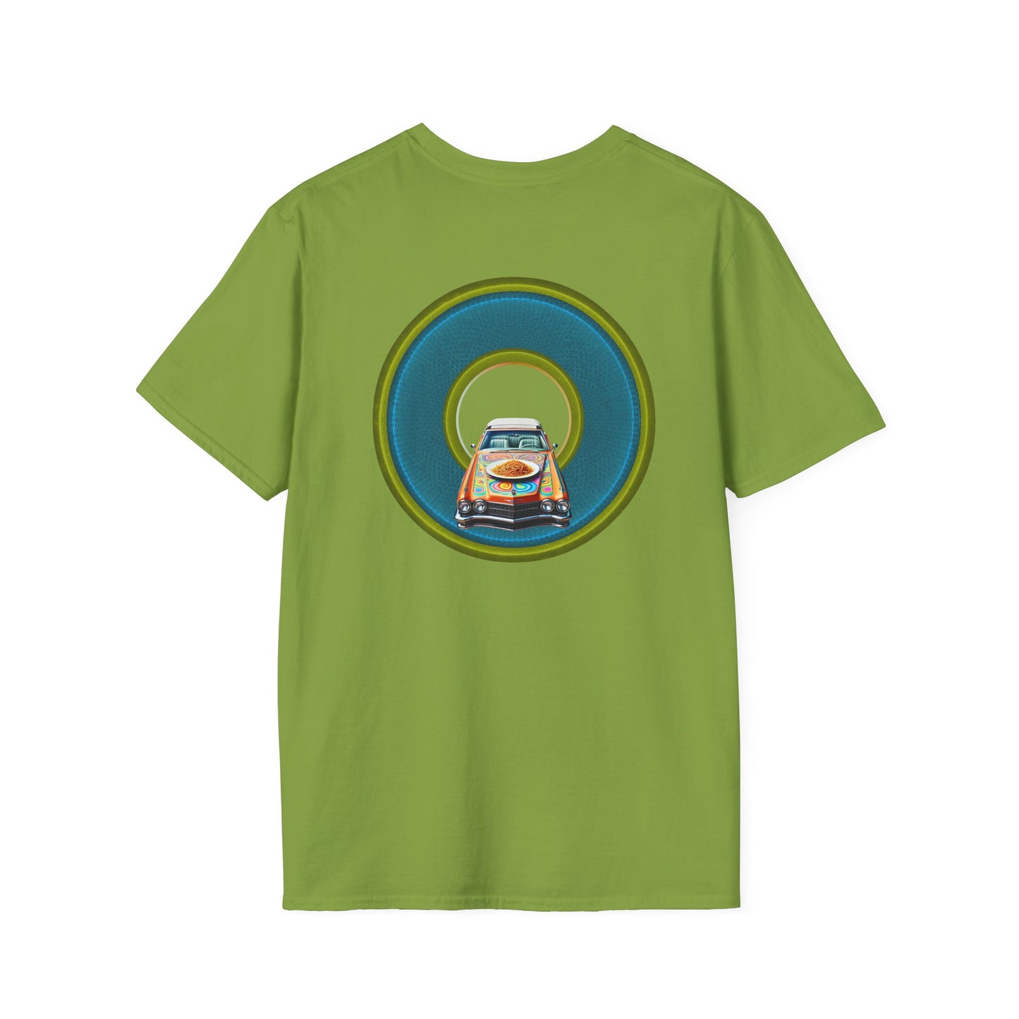 Classic Donut Tee - Unisex Soft-Style - "Cadillac Rainbow Spaghetti Incident" - series 1.0  - variant 1 - blue/green donut