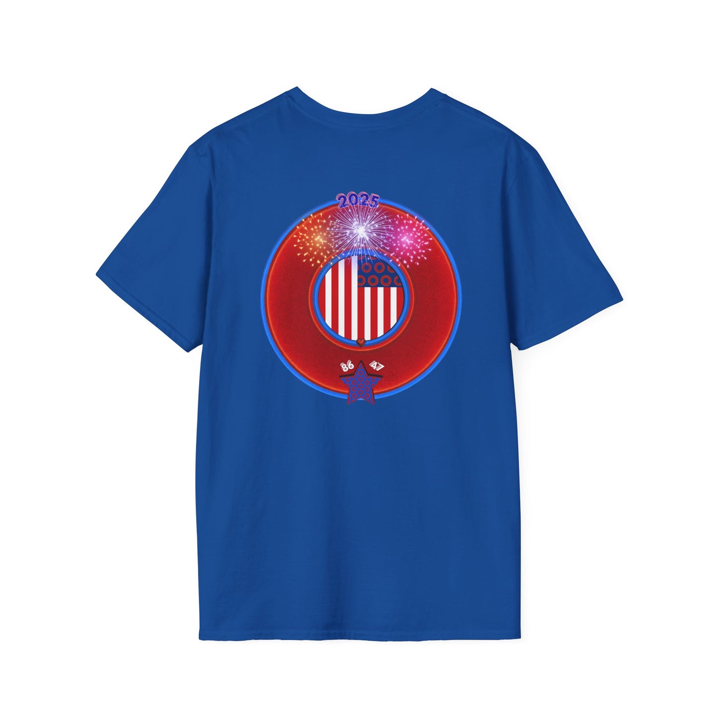 Classic Donut Tee - Unisex Soft-Style - "One Indivisible Donut" - vivid red phreedom donut - w/fireworks - variant 3